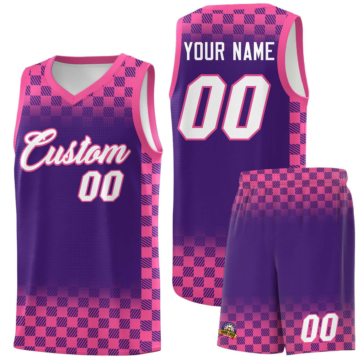 Custom Purple Pink Classic Plaid Pattern Sports Uniform Basketball Jersey