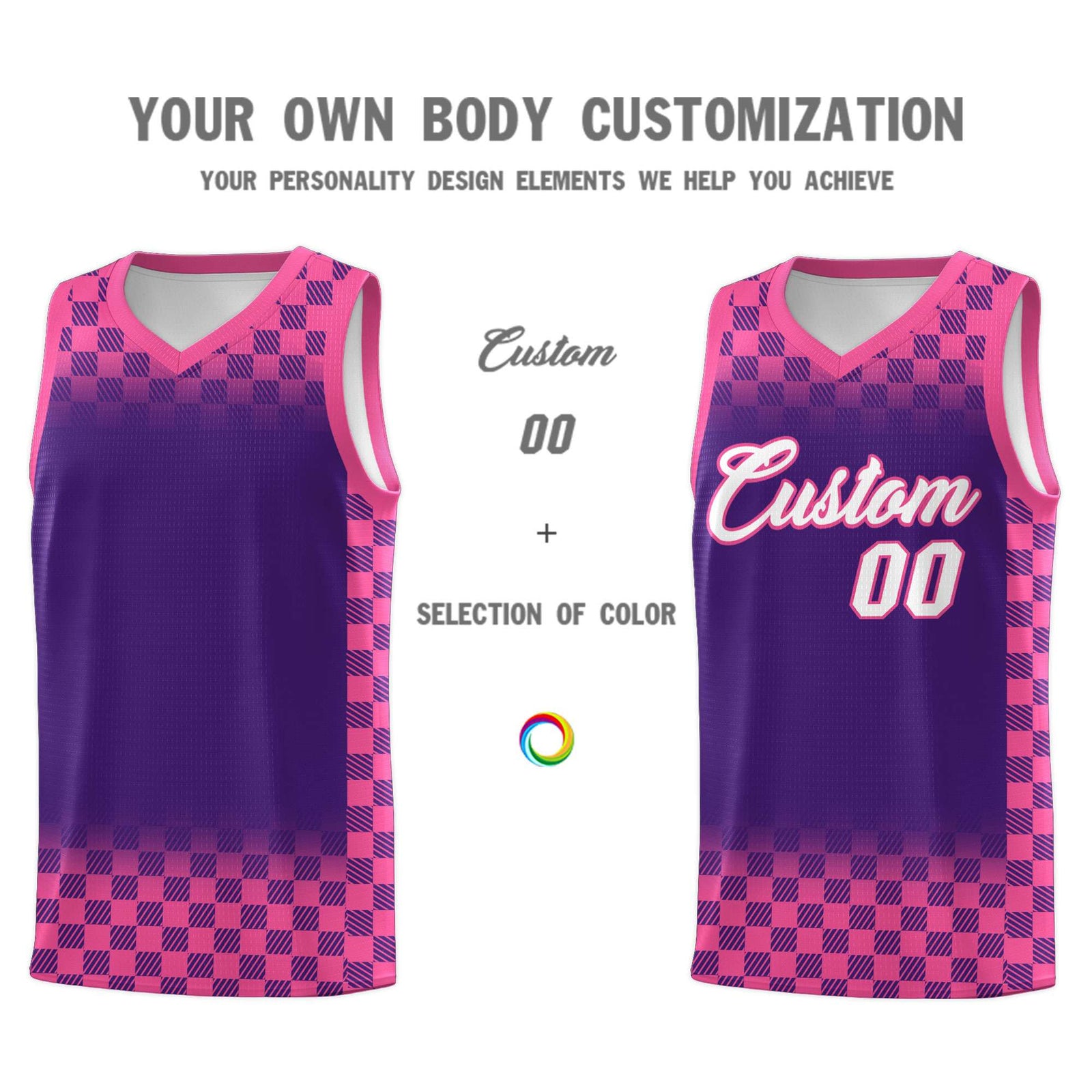 Custom Purple Pink Classic Plaid Pattern Sports Uniform Basketball Jersey