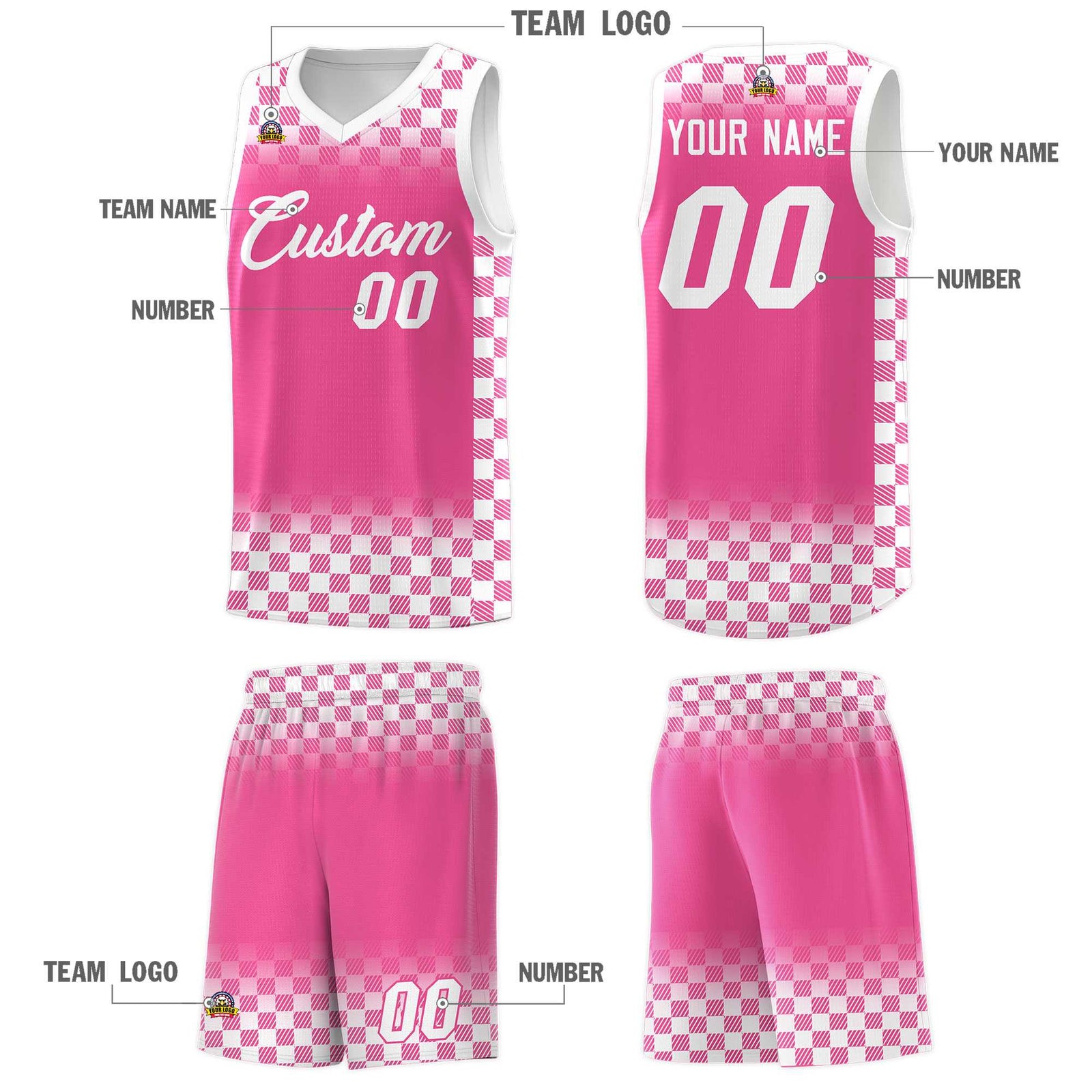 Custom Pink White Classic Plaid Pattern Sports Uniform Basketball Jersey
