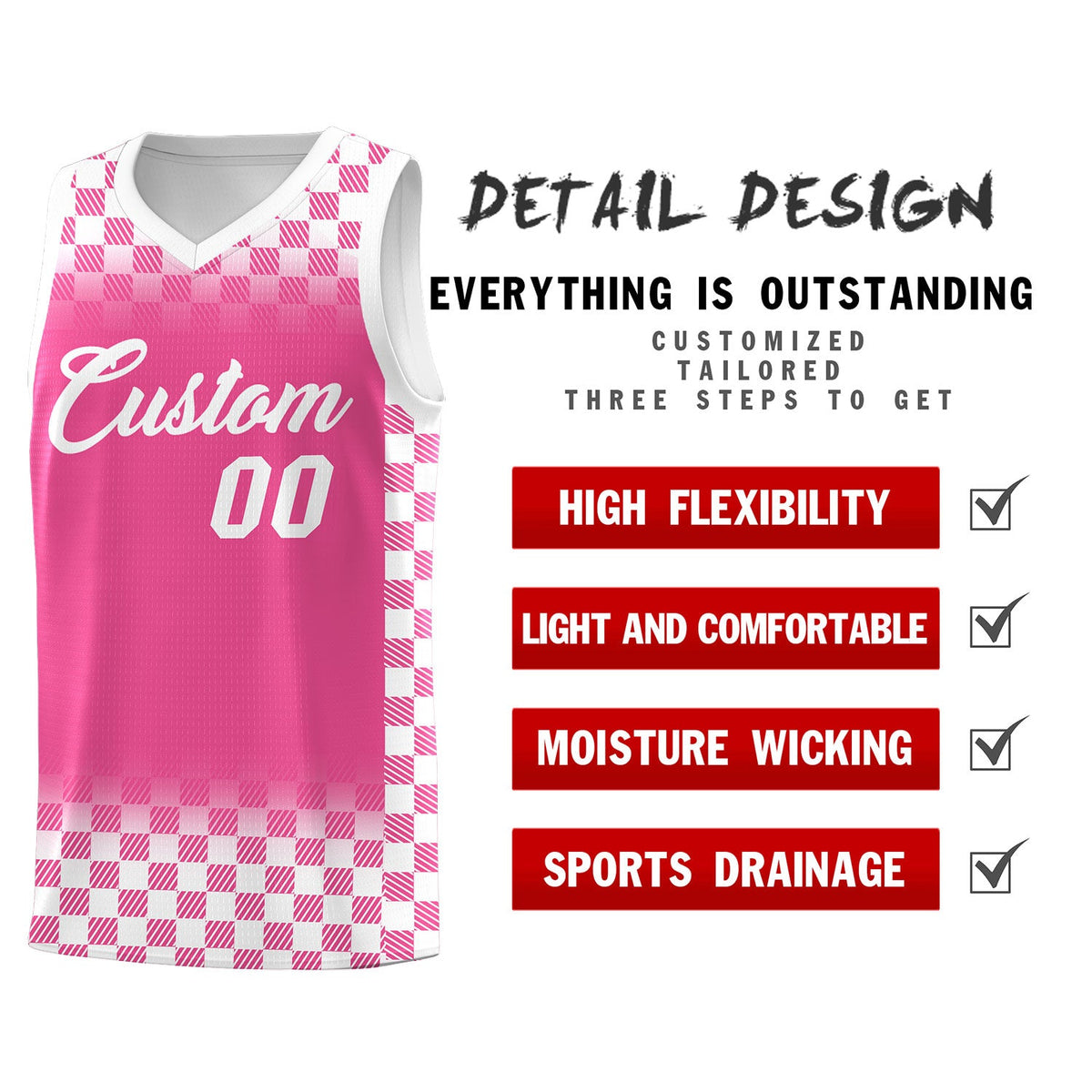 Custom Pink White Classic Plaid Pattern Sports Uniform Basketball Jersey