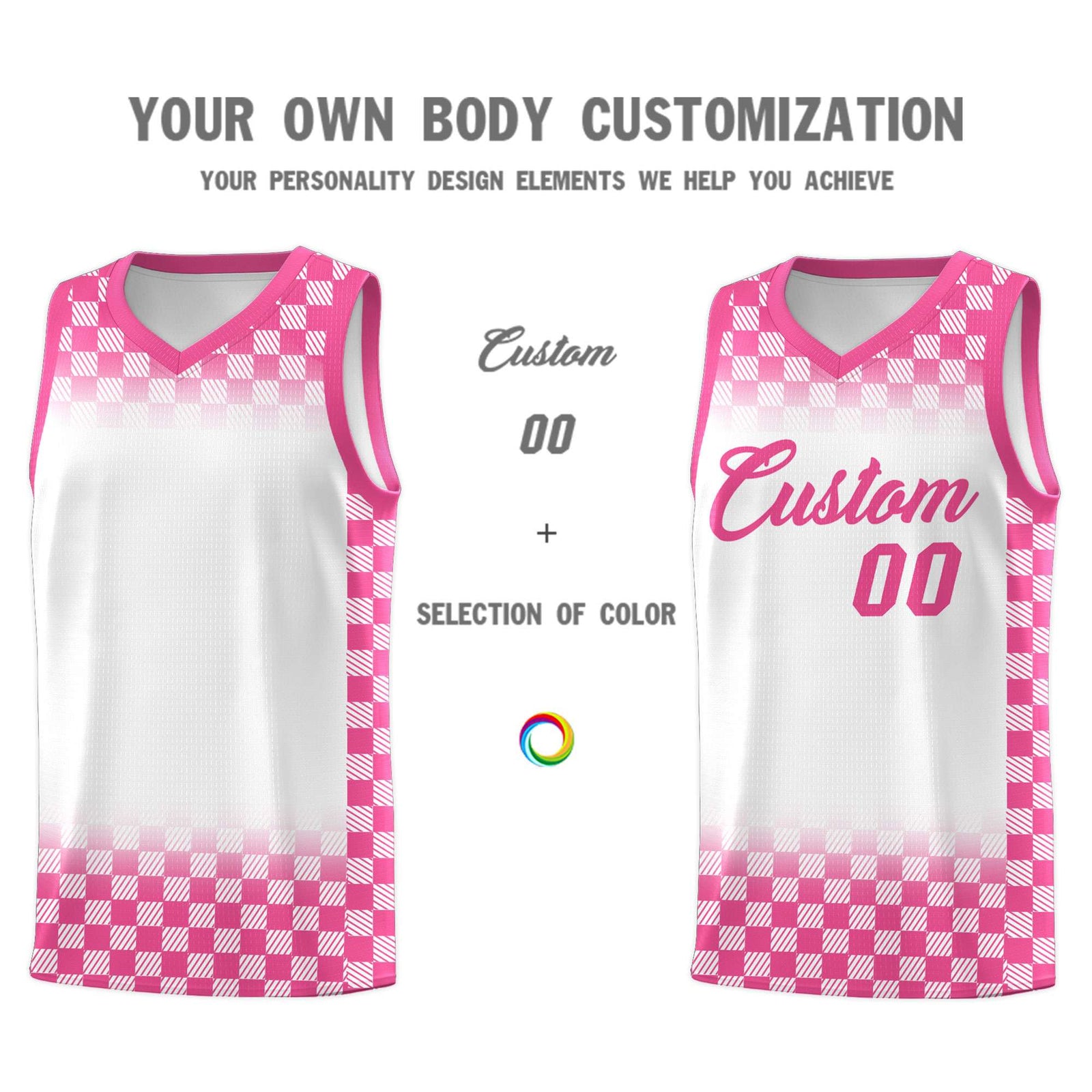 Custom White Pink Classic Plaid Pattern Sports Uniform Basketball Jersey