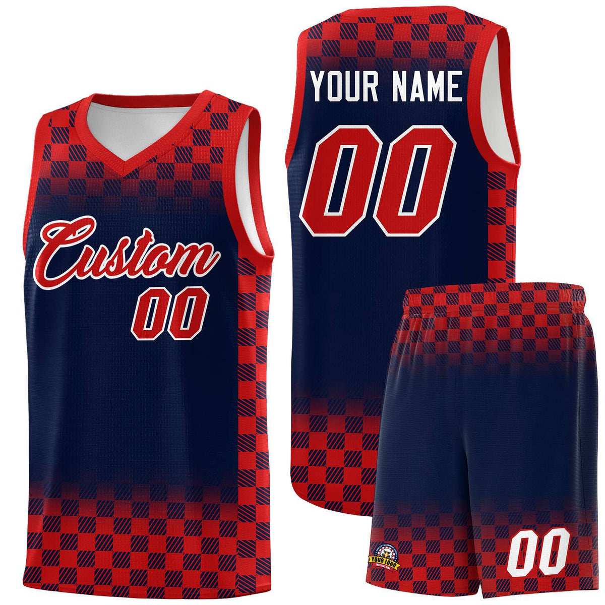 Custom Navy Red Classic Plaid Pattern Sports Uniform Basketball Jersey