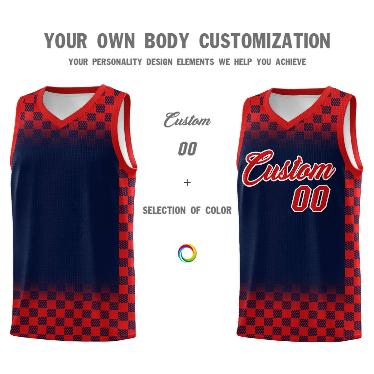 Custom Navy Red Classic Plaid Pattern Sports Uniform Basketball Jersey