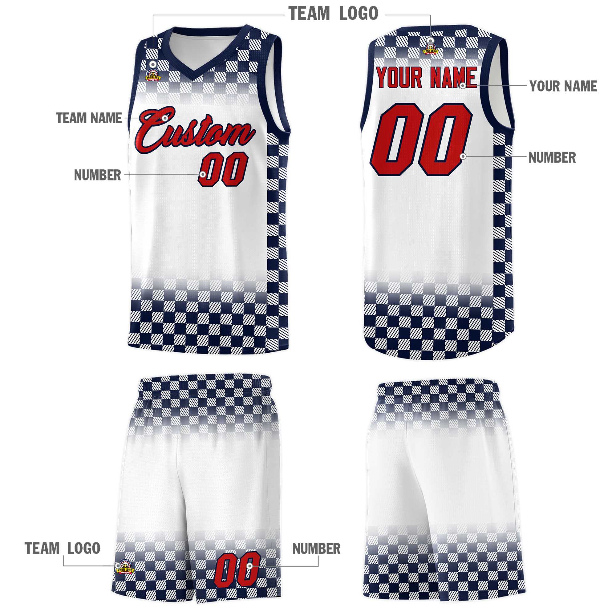 Custom White Navy Classic Plaid Pattern Sports Uniform Basketball Jersey