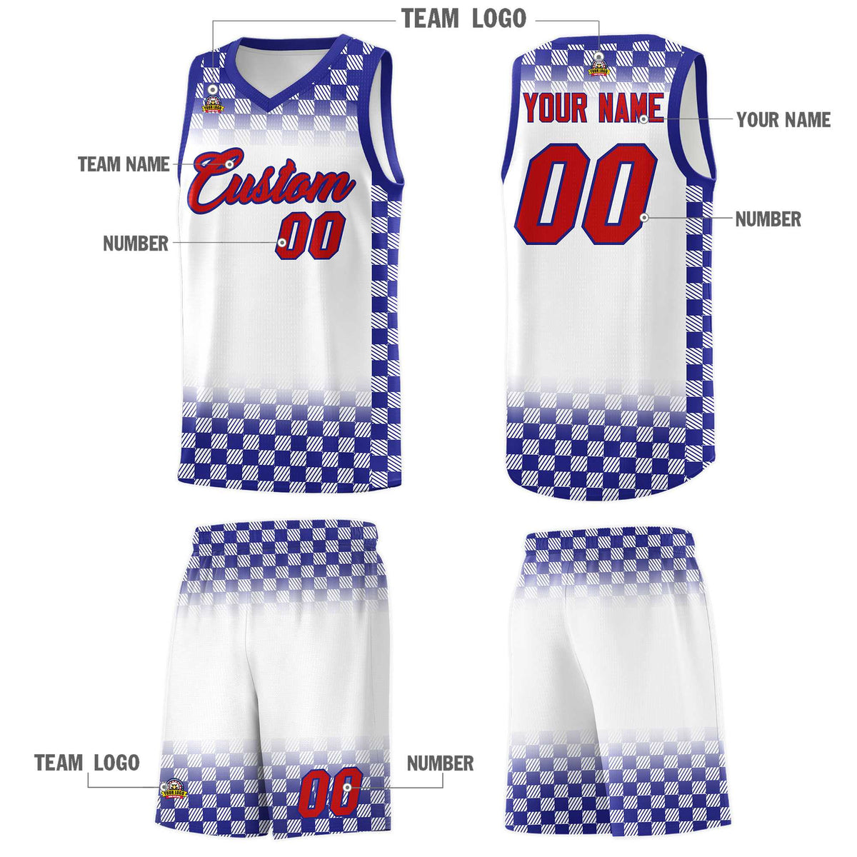 Custom White Royal Classic Plaid Pattern Sports Uniform Basketball Jersey