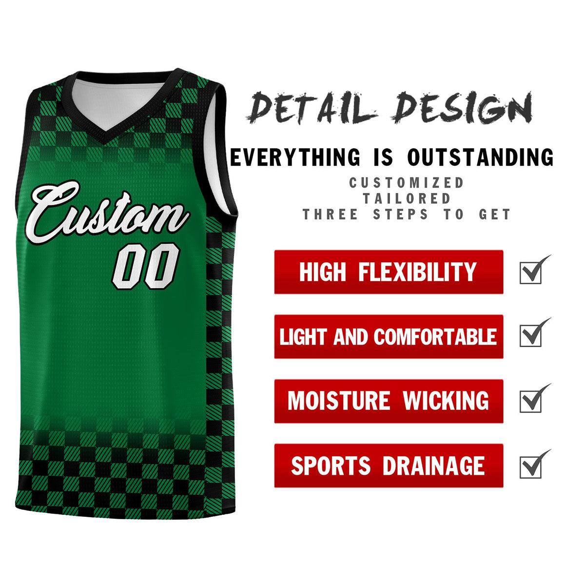 Custom Kelly Green Black Classic Plaid Pattern Sports Uniform Basketball Jersey