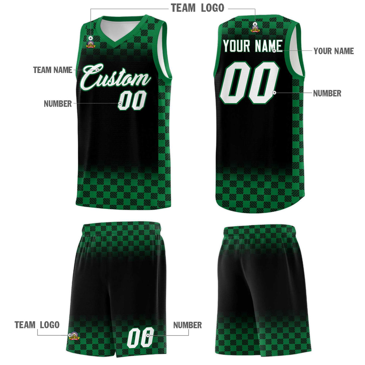 Custom Black Kelly Green Classic Plaid Pattern Sports Uniform Basketball Jersey