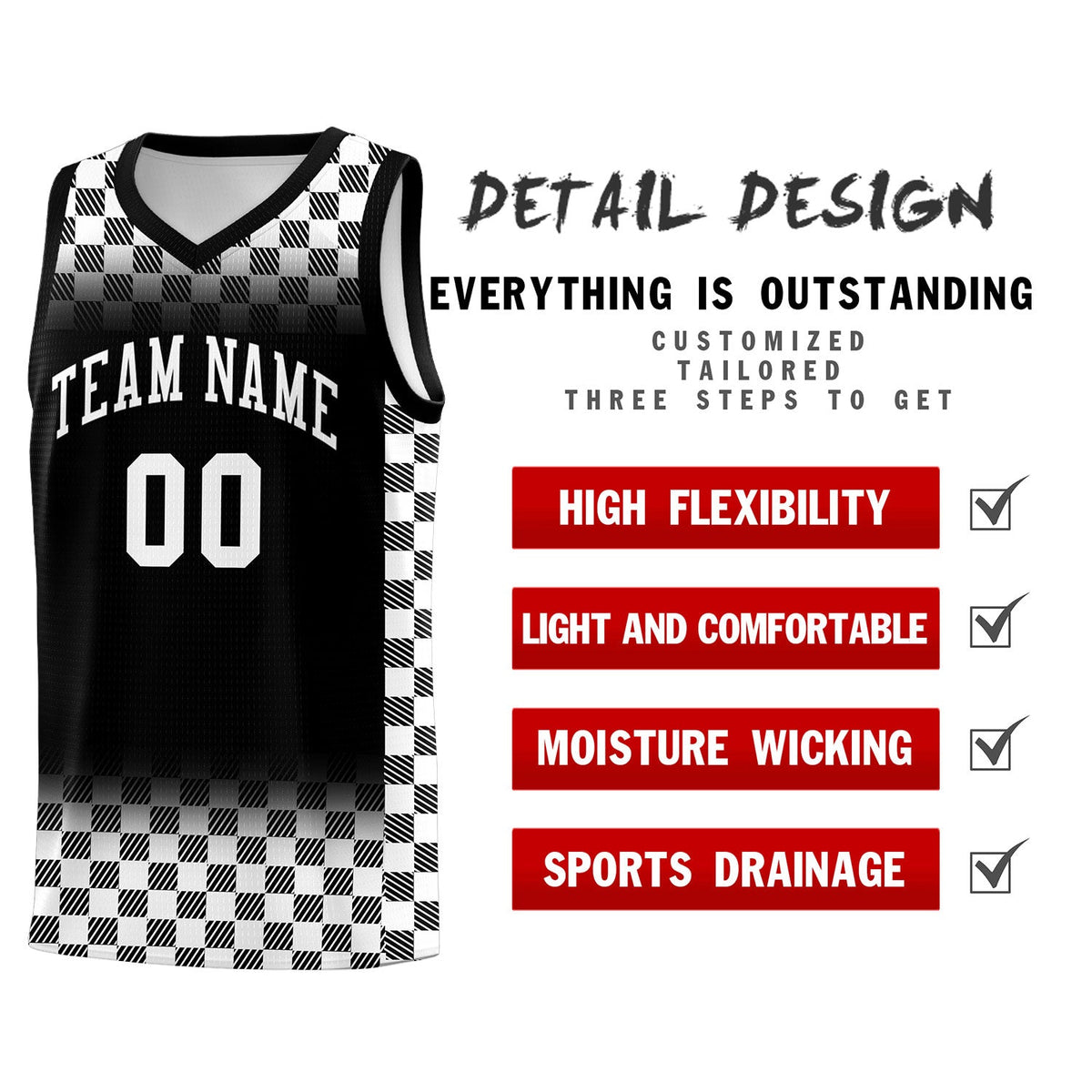 Custom Black White Classic Plaid Pattern Sports Uniform Basketball Jersey