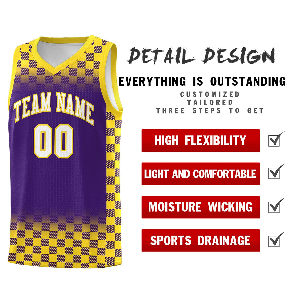 Custom Purple Gold Classic Plaid Pattern Sports Uniform Basketball Jersey