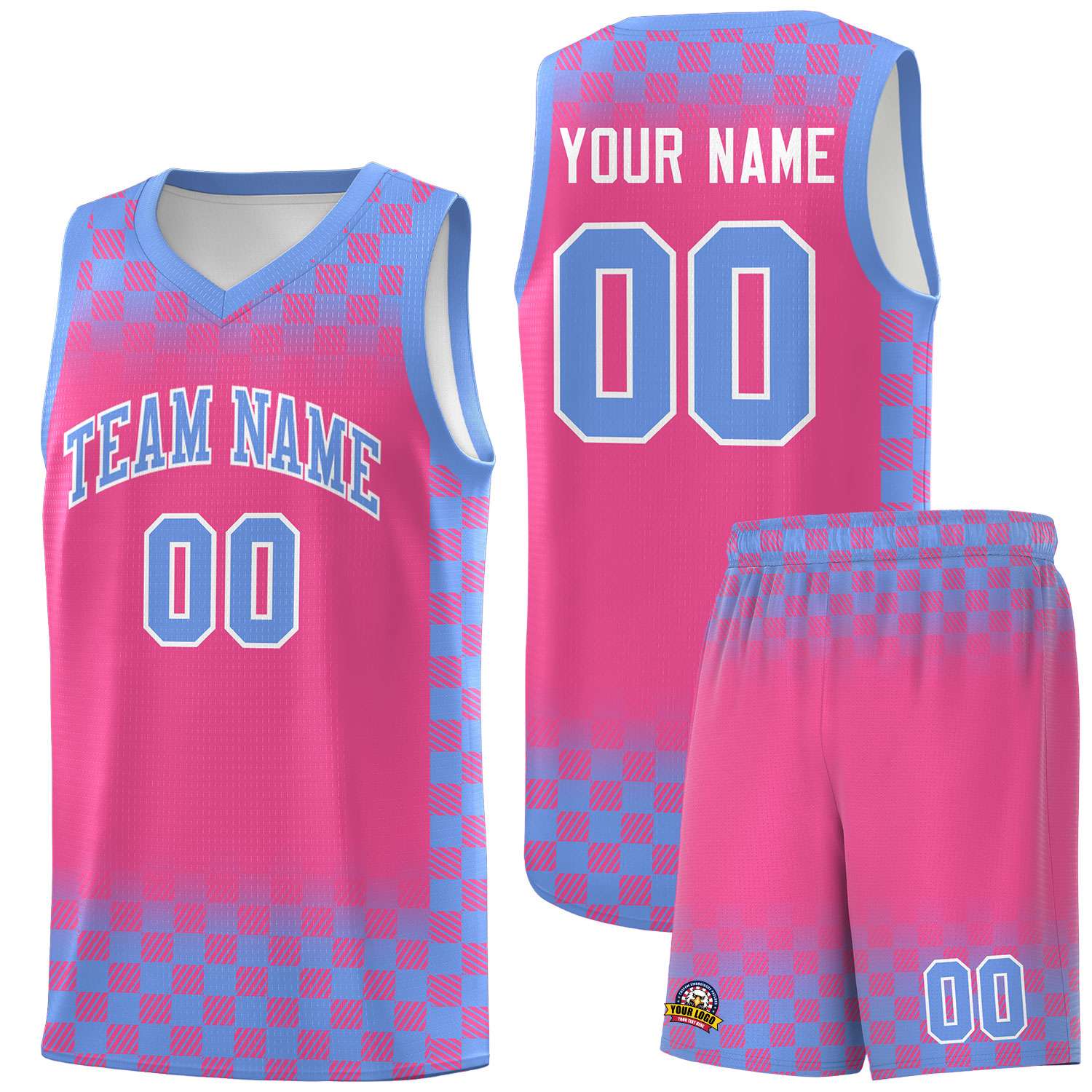 Custom Pink Light Blue Classic Plaid Pattern Sports Uniform Basketball Jersey