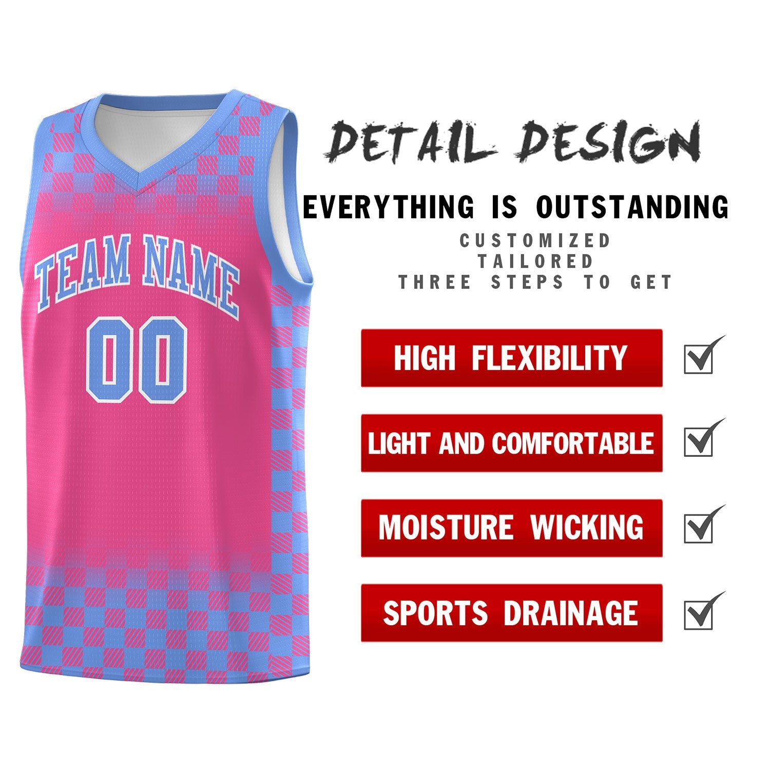 Custom Pink Light Blue Classic Plaid Pattern Sports Uniform Basketball Jersey