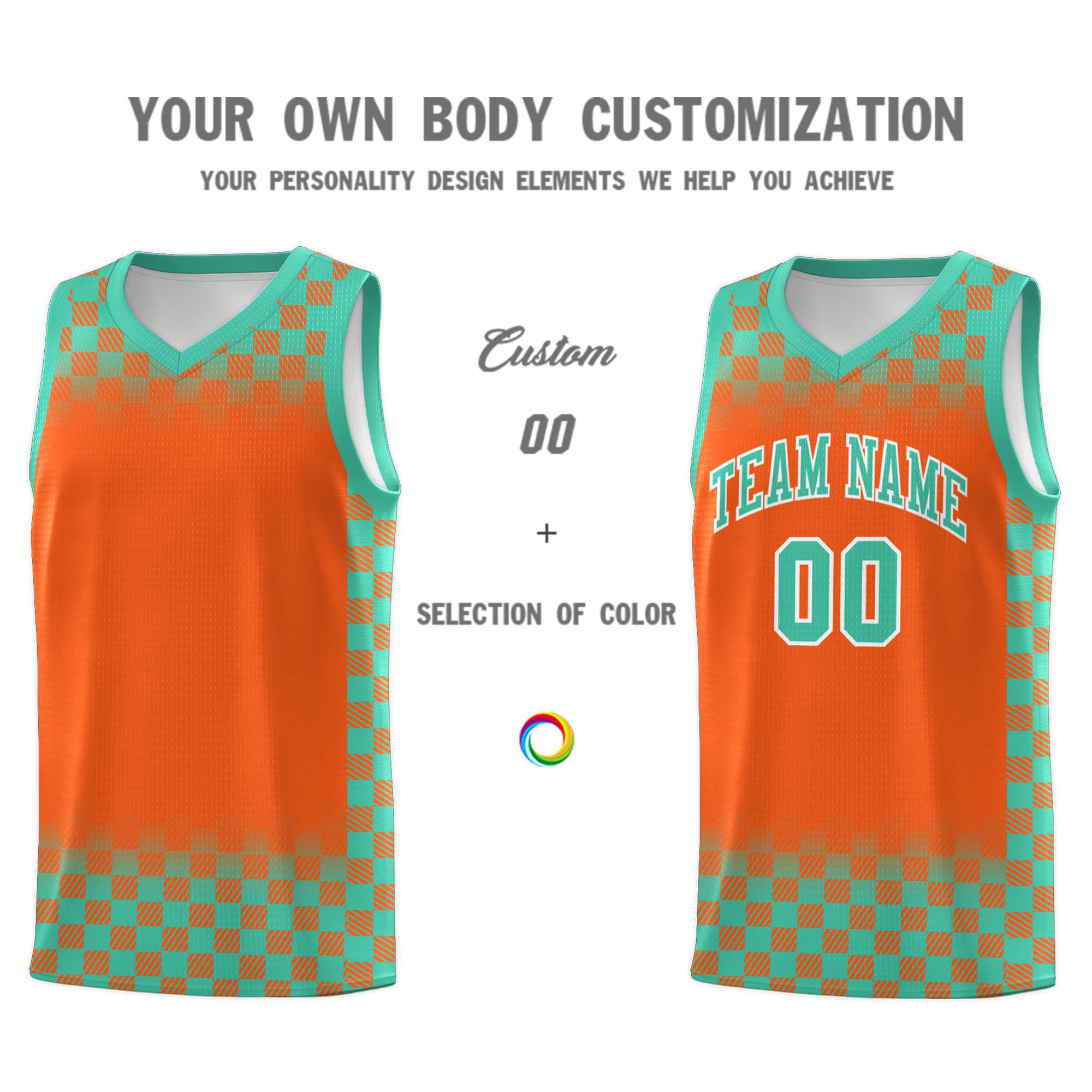 Custom Orange Bright Green Classic Plaid Pattern Sports Uniform Basketball Jersey
