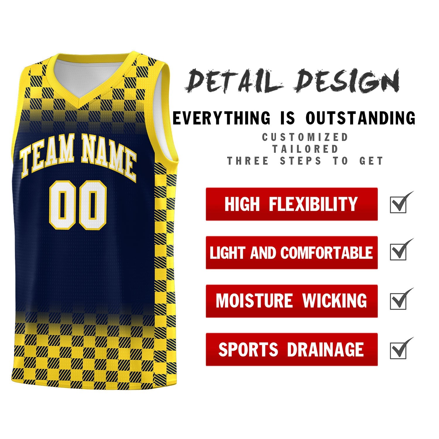 Custom Navy Gold Classic Plaid Pattern Sports Uniform Basketball Jersey