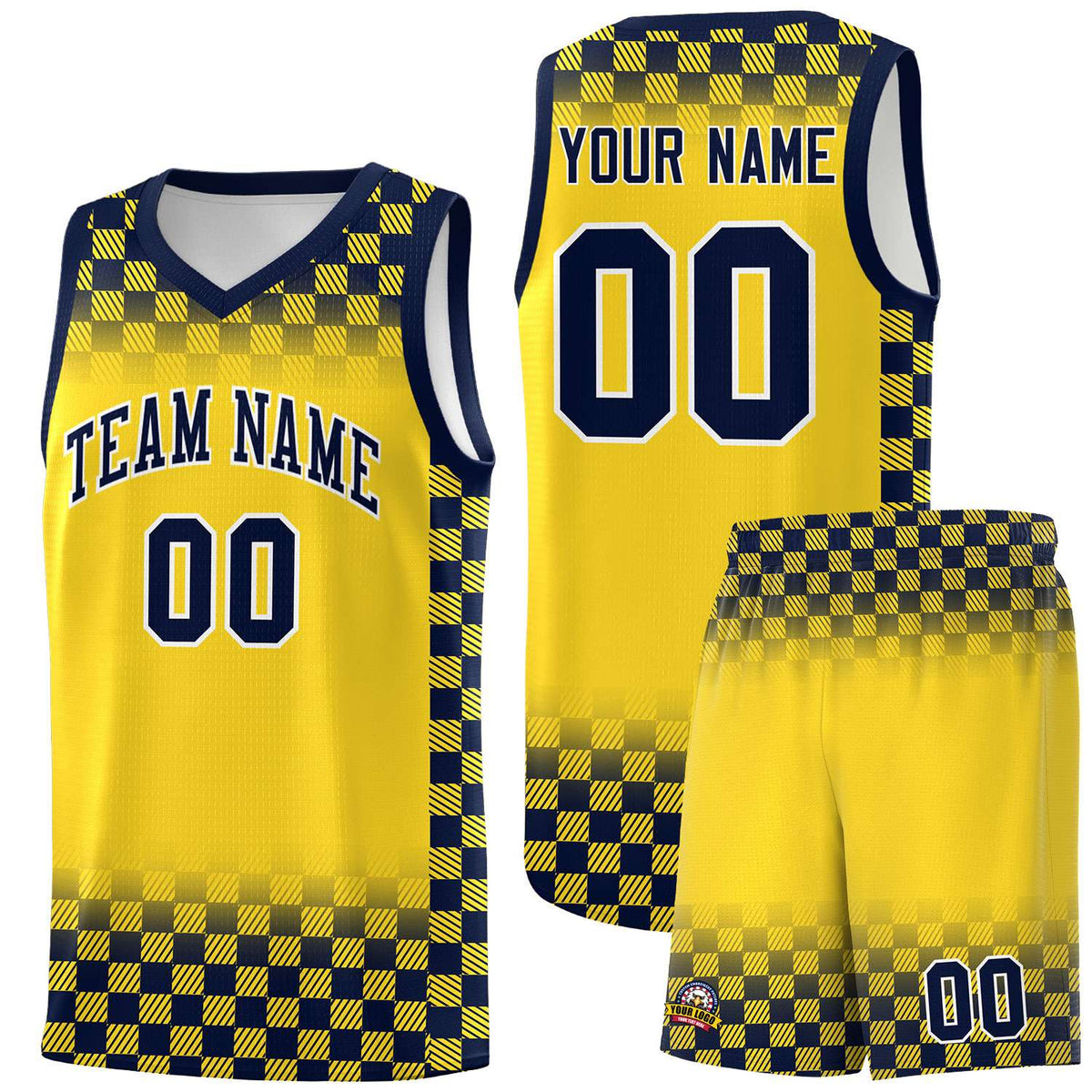 Custom Gold Navy Classic Plaid Pattern Sports Uniform Basketball Jersey