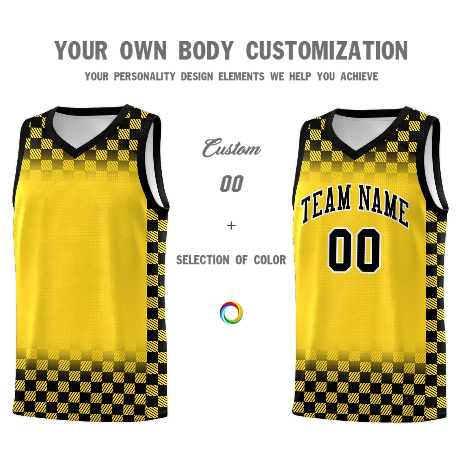Custom Gold Black Classic Plaid Pattern Sports Uniform Basketball Jersey