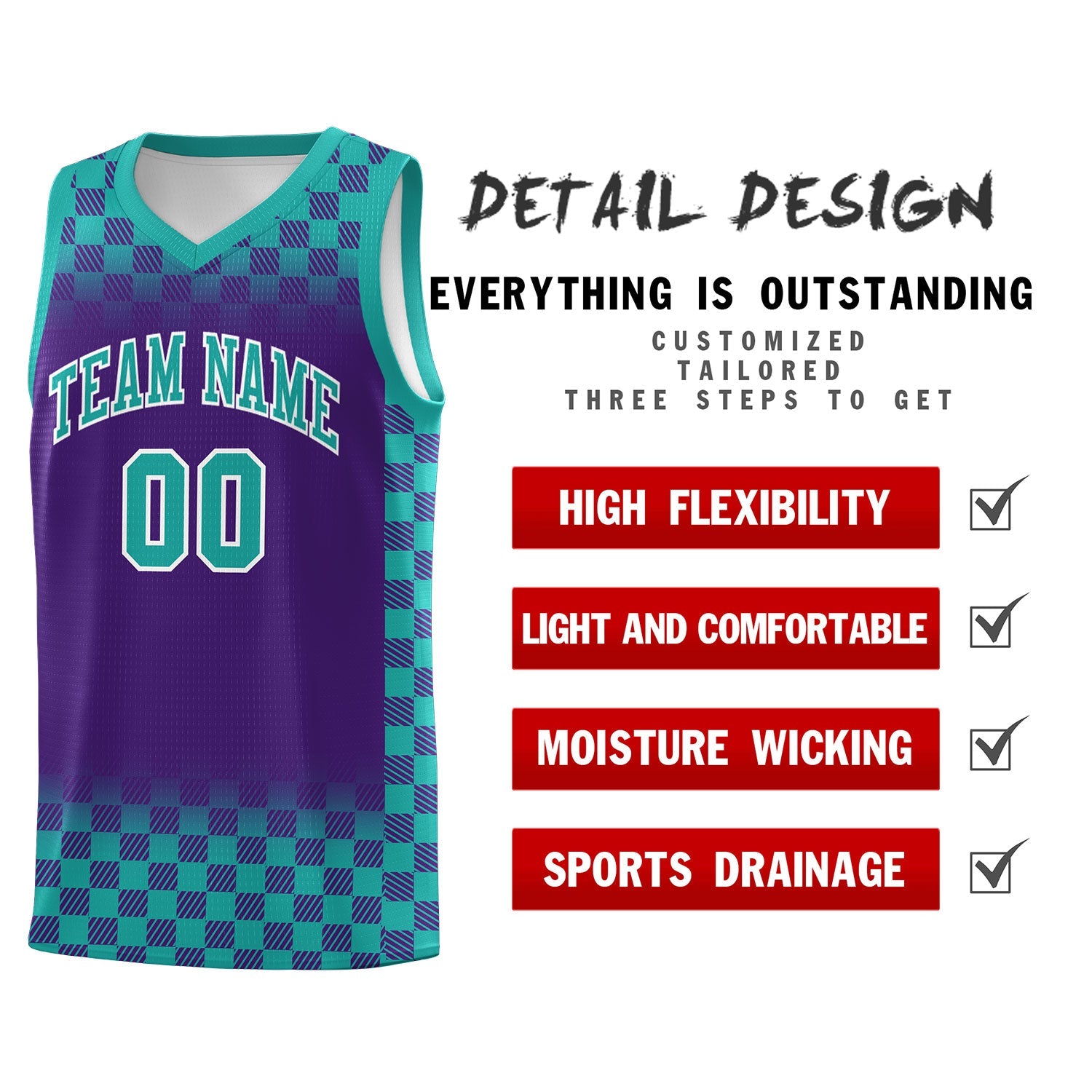 Custom Purple Aqua Classic Plaid Pattern Sports Uniform Basketball Jersey