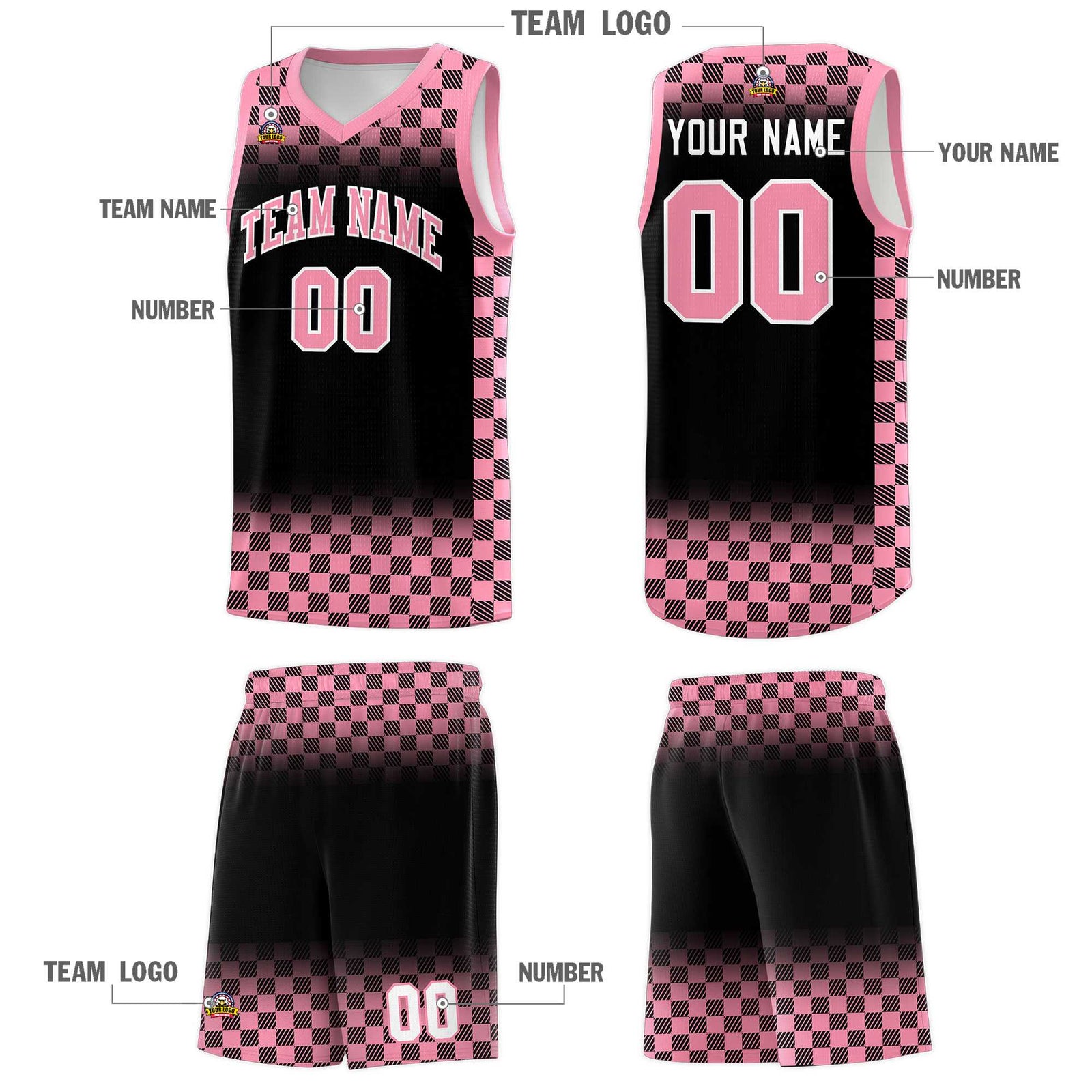 Custom Black Light Pink Classic Plaid Pattern Sports Uniform Basketball Jersey