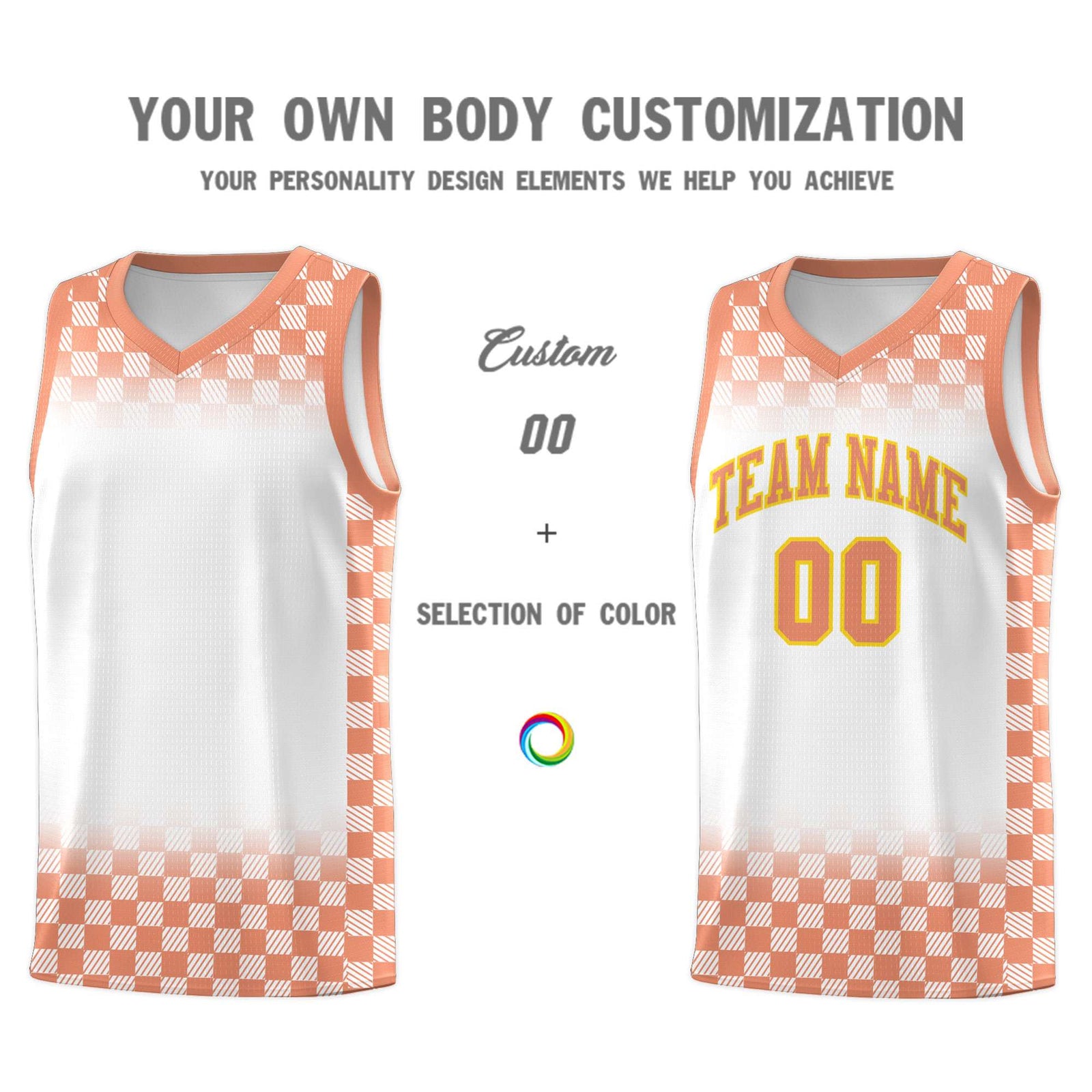 Custom White Light Orange Classic Plaid Pattern Sports Uniform Basketball Jersey