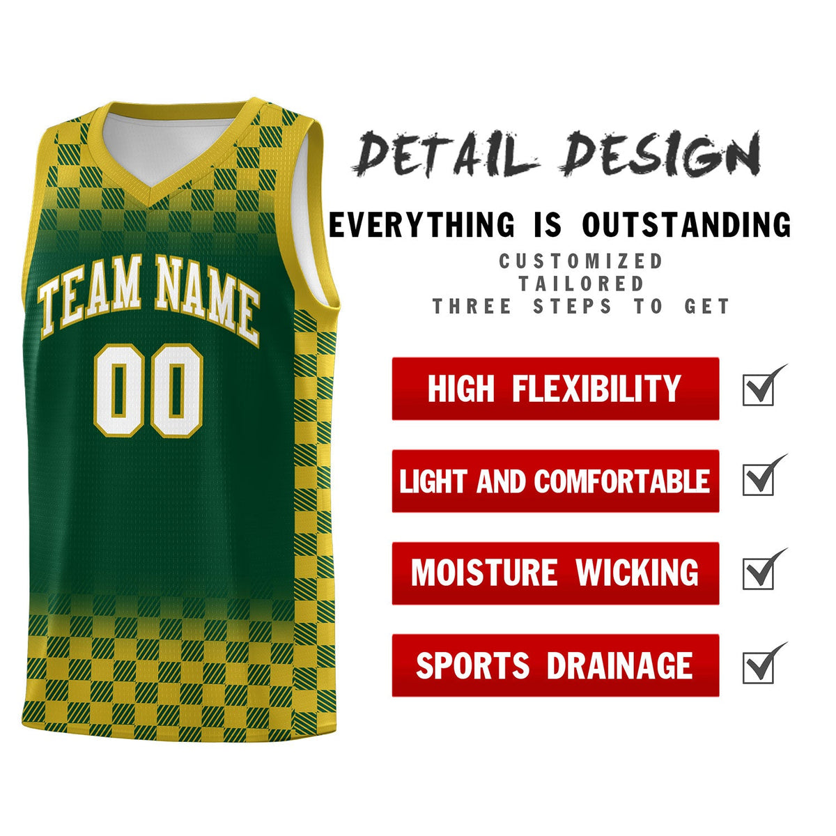 Custom Green Old Gold Classic Plaid Pattern Sports Uniform Basketball Jersey