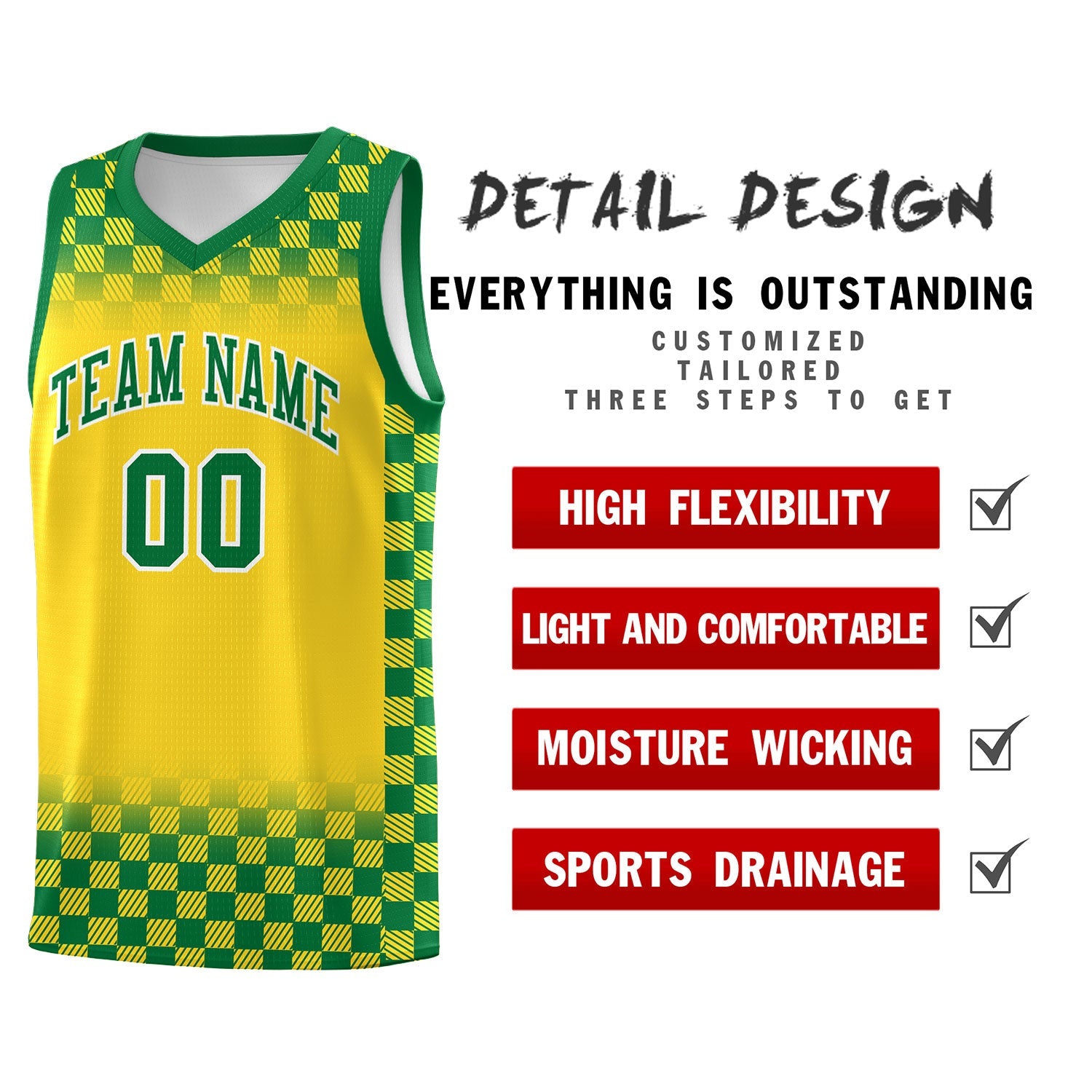 Custom Gold Kelly Green Classic Plaid Pattern Sports Uniform Basketball Jersey