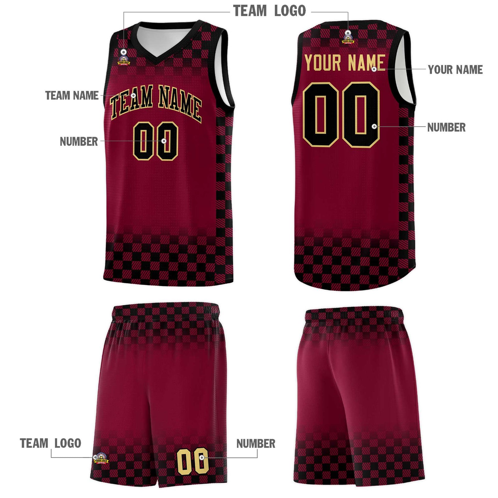 Custom Crimson Black Classic Plaid Pattern Sports Uniform Basketball Jersey