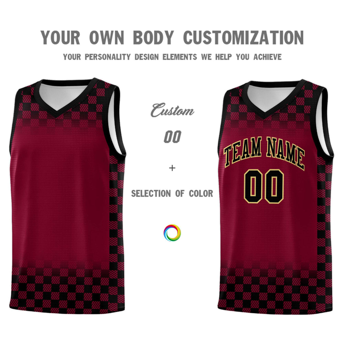 Custom Crimson Black Classic Plaid Pattern Sports Uniform Basketball Jersey