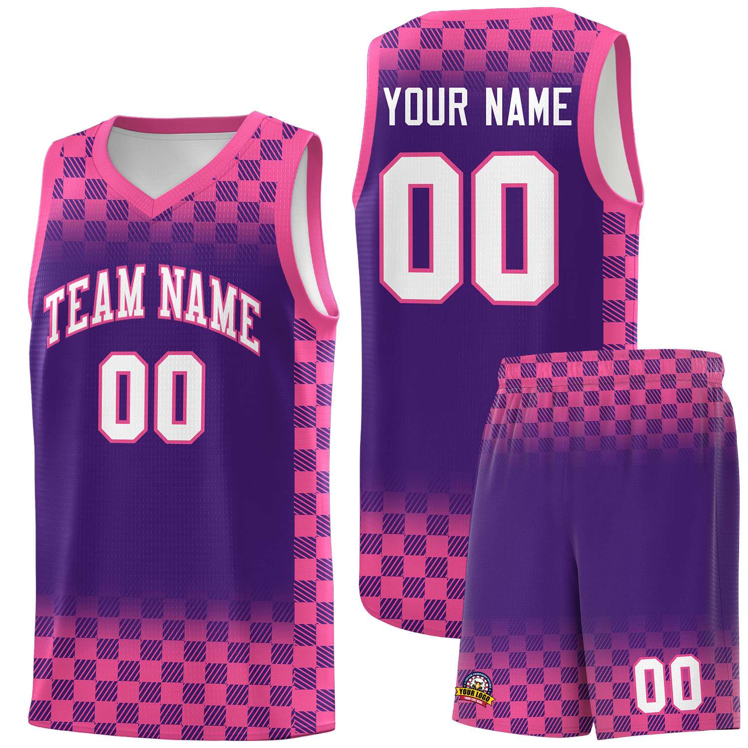 Custom Purple Pink Classic Plaid Pattern Sports Uniform Basketball Jersey