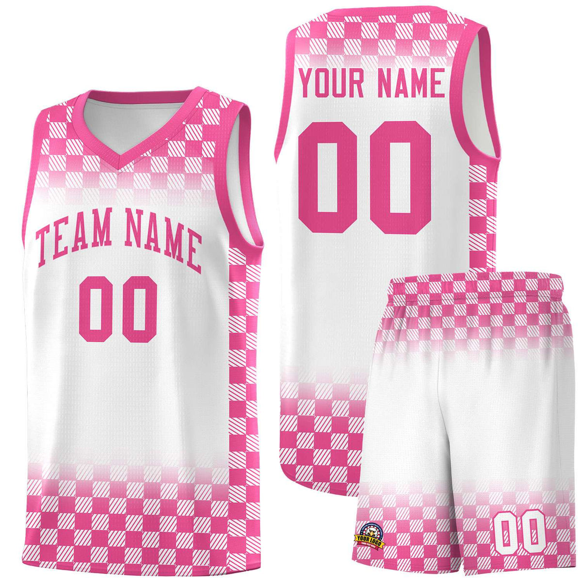 Custom White Pink Classic Plaid Pattern Sports Uniform Basketball Jersey