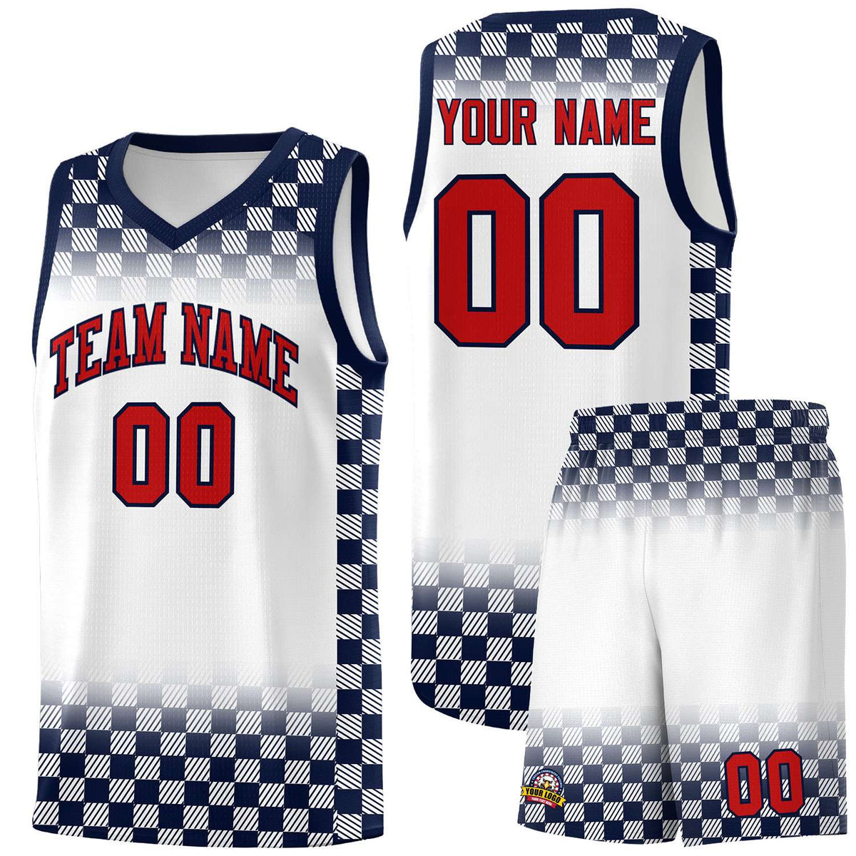 Custom White Navy Classic Plaid Pattern Sports Uniform Basketball Jersey