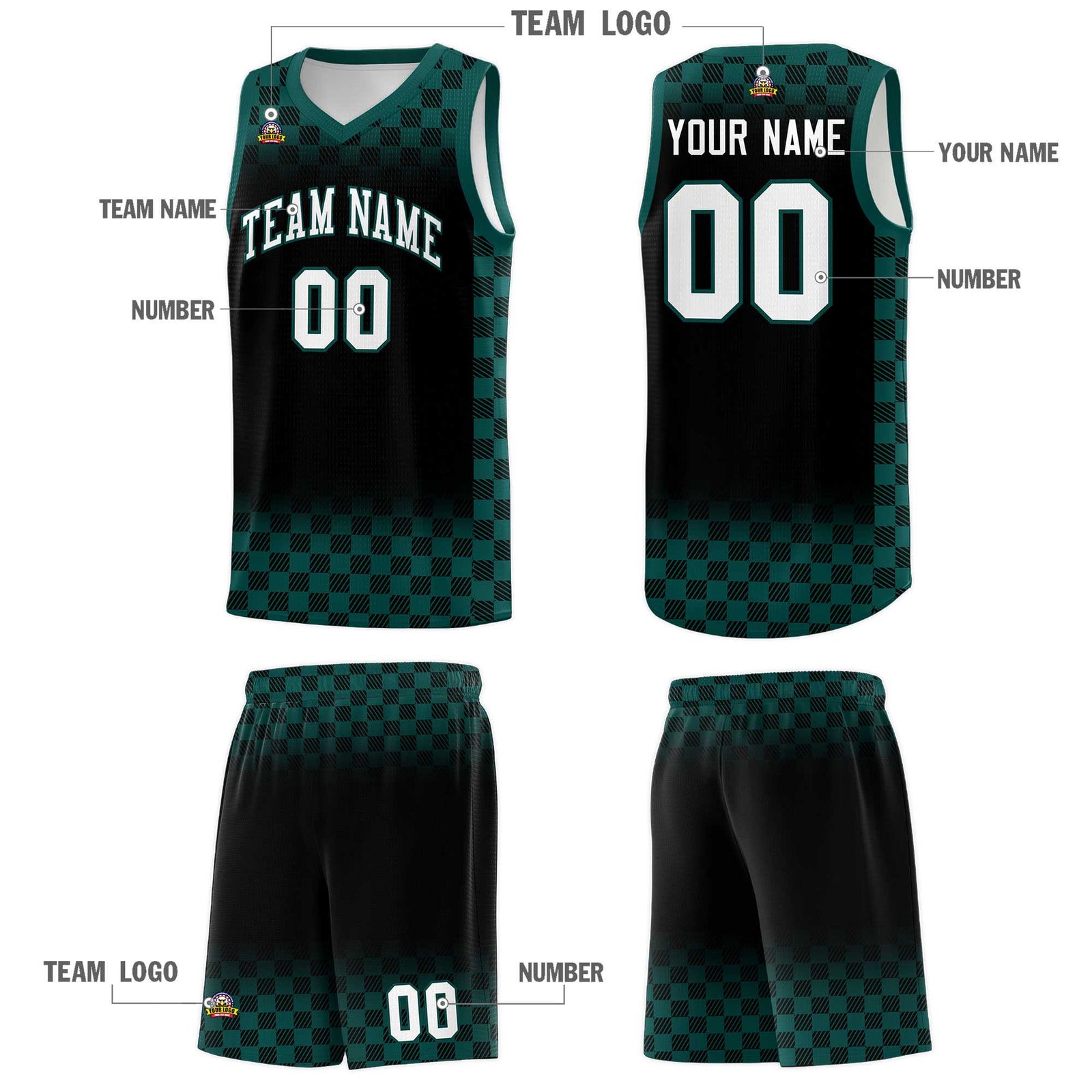 Custom Black Midnight Green Classic Plaid Pattern Sports Uniform Basketball Jersey