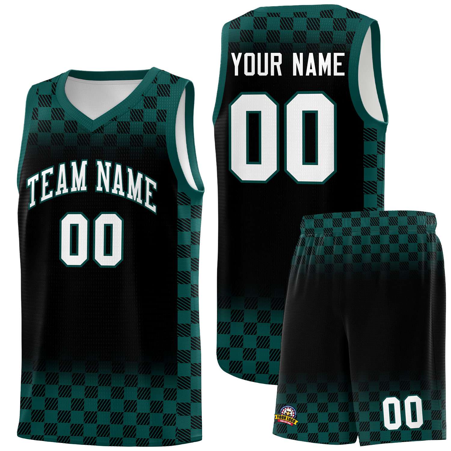 Custom Black Midnight Green Classic Plaid Pattern Sports Uniform Basketball Jersey