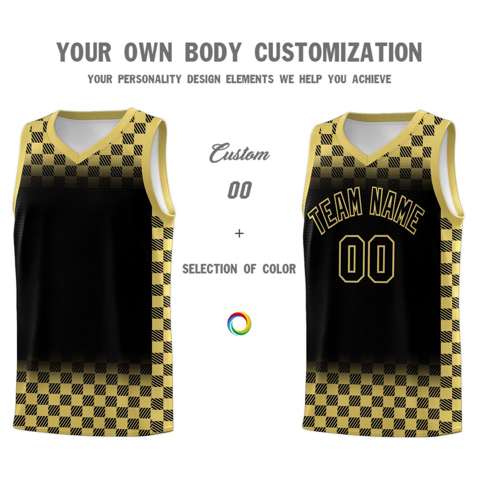 Custom Black Old Gold Classic Plaid Pattern Sports Uniform Basketball Jersey