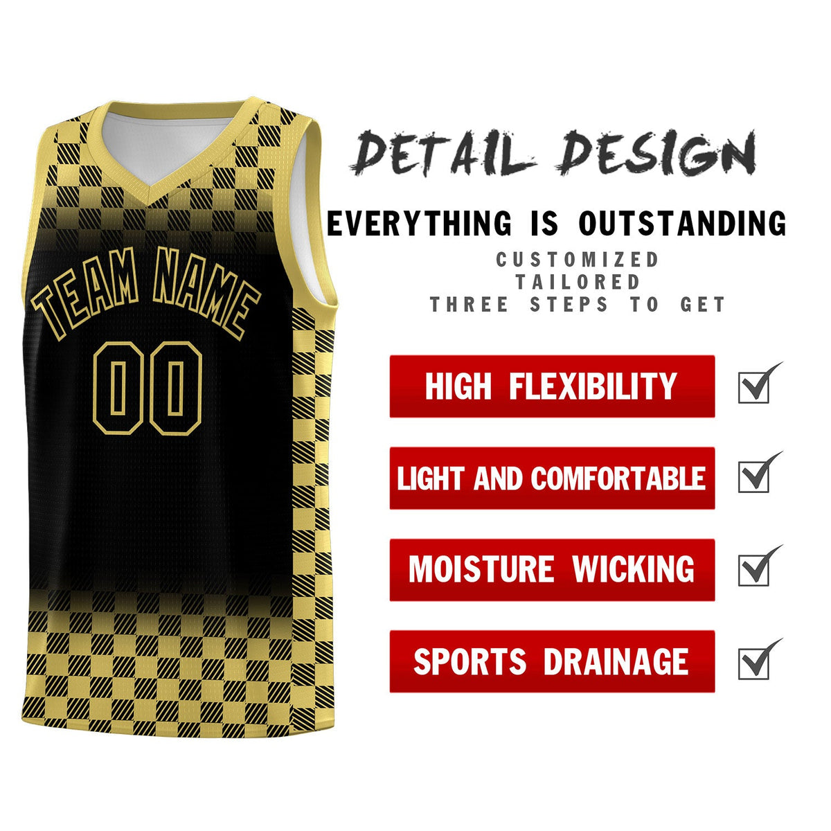 Custom Black Old Gold Classic Plaid Pattern Sports Uniform Basketball Jersey