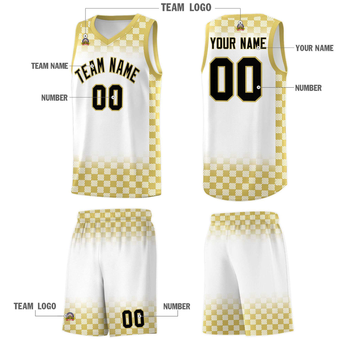Custom White Old Gold Classic Plaid Pattern Sports Uniform Basketball Jersey