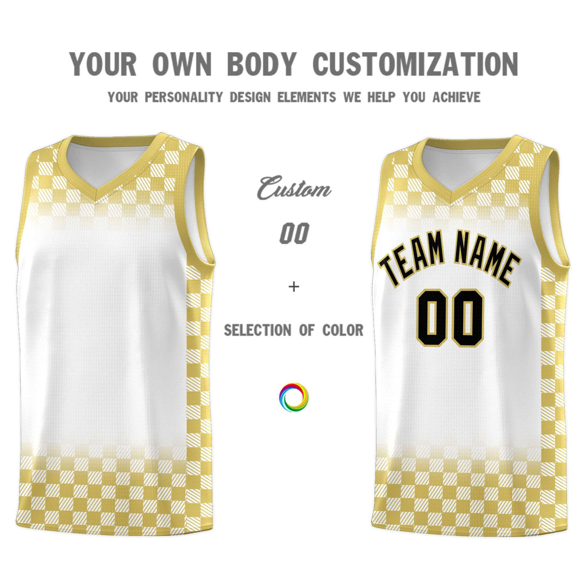 Custom White Old Gold Classic Plaid Pattern Sports Uniform Basketball Jersey