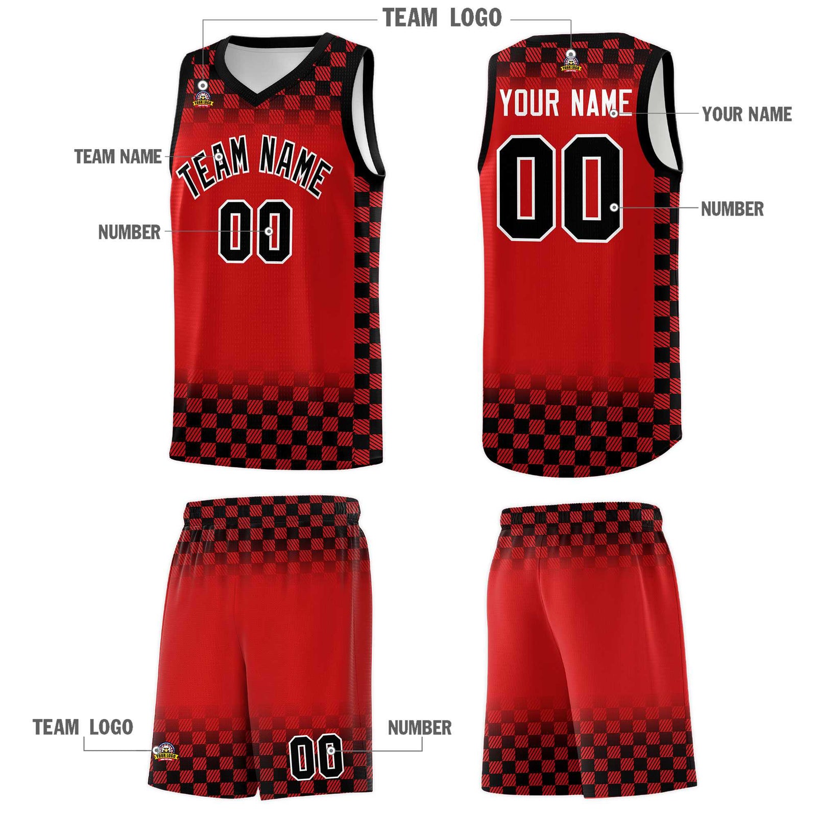 Custom Red Black Classic Plaid Pattern Sports Uniform Basketball Jersey
