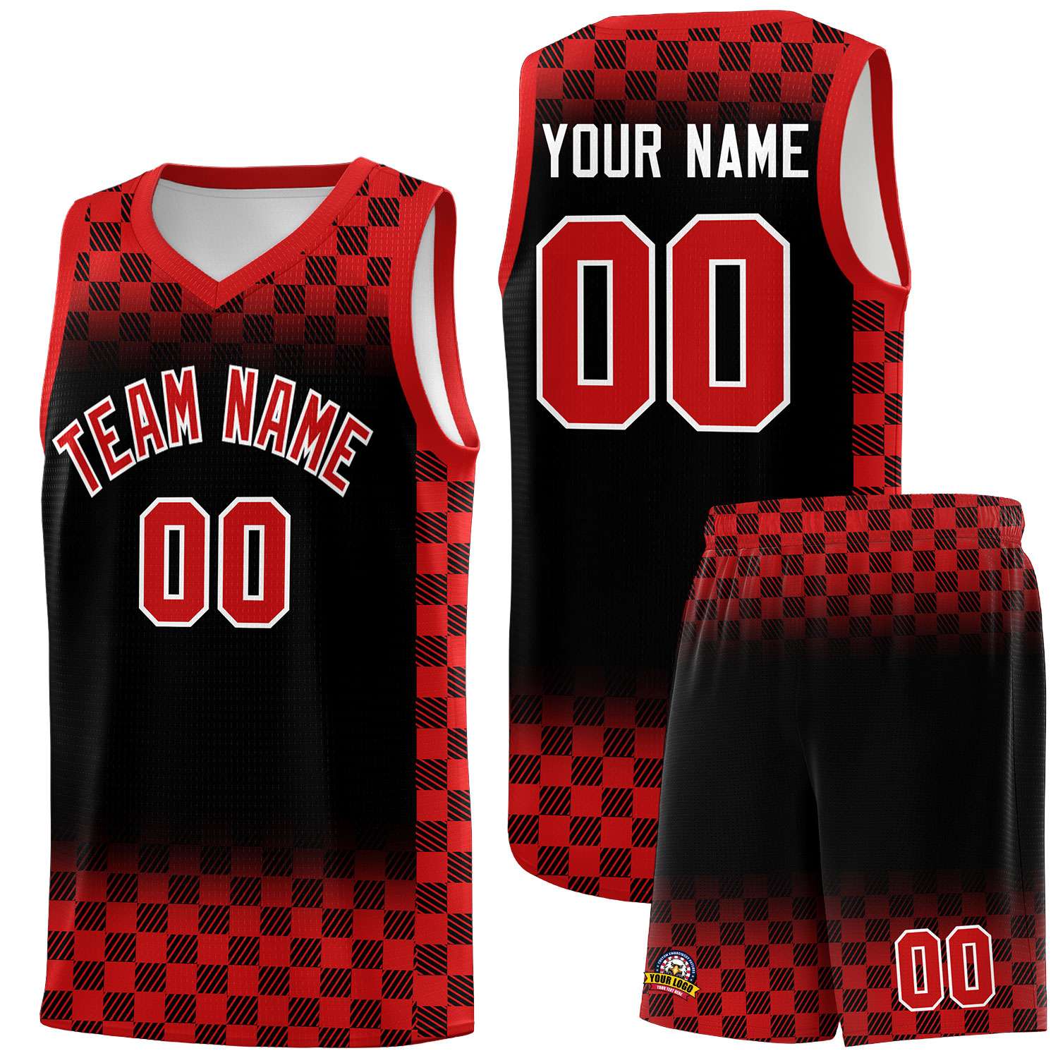Custom Black Red Classic Plaid Pattern Sports Uniform Basketball Jersey
