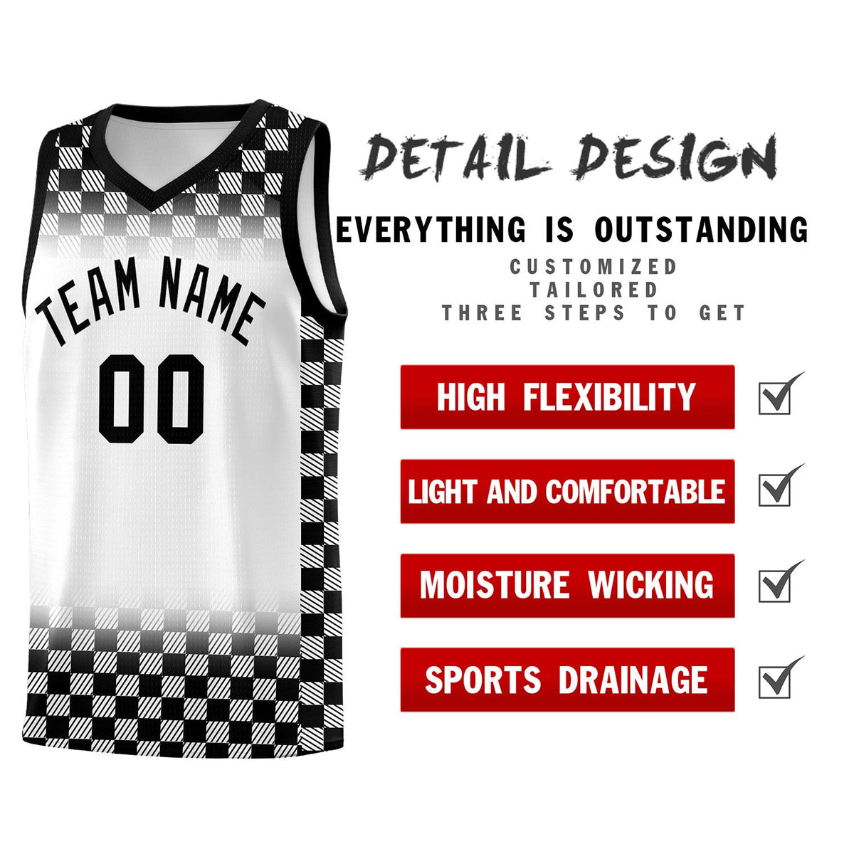 Custom White Black Classic Plaid Pattern Sports Uniform Basketball Jersey