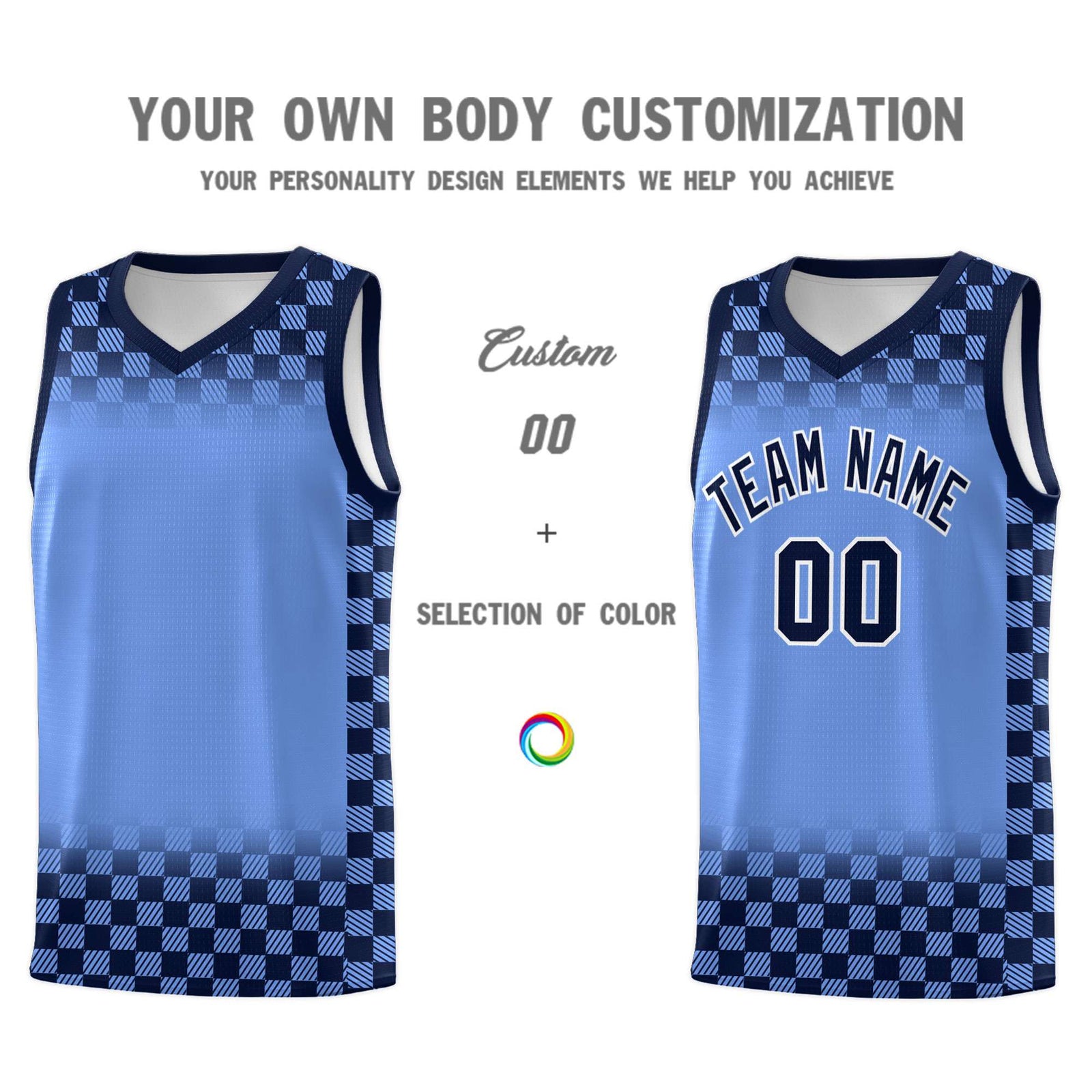 Custom Light Blue Navy Classic Plaid Pattern Sports Uniform Basketball Jersey