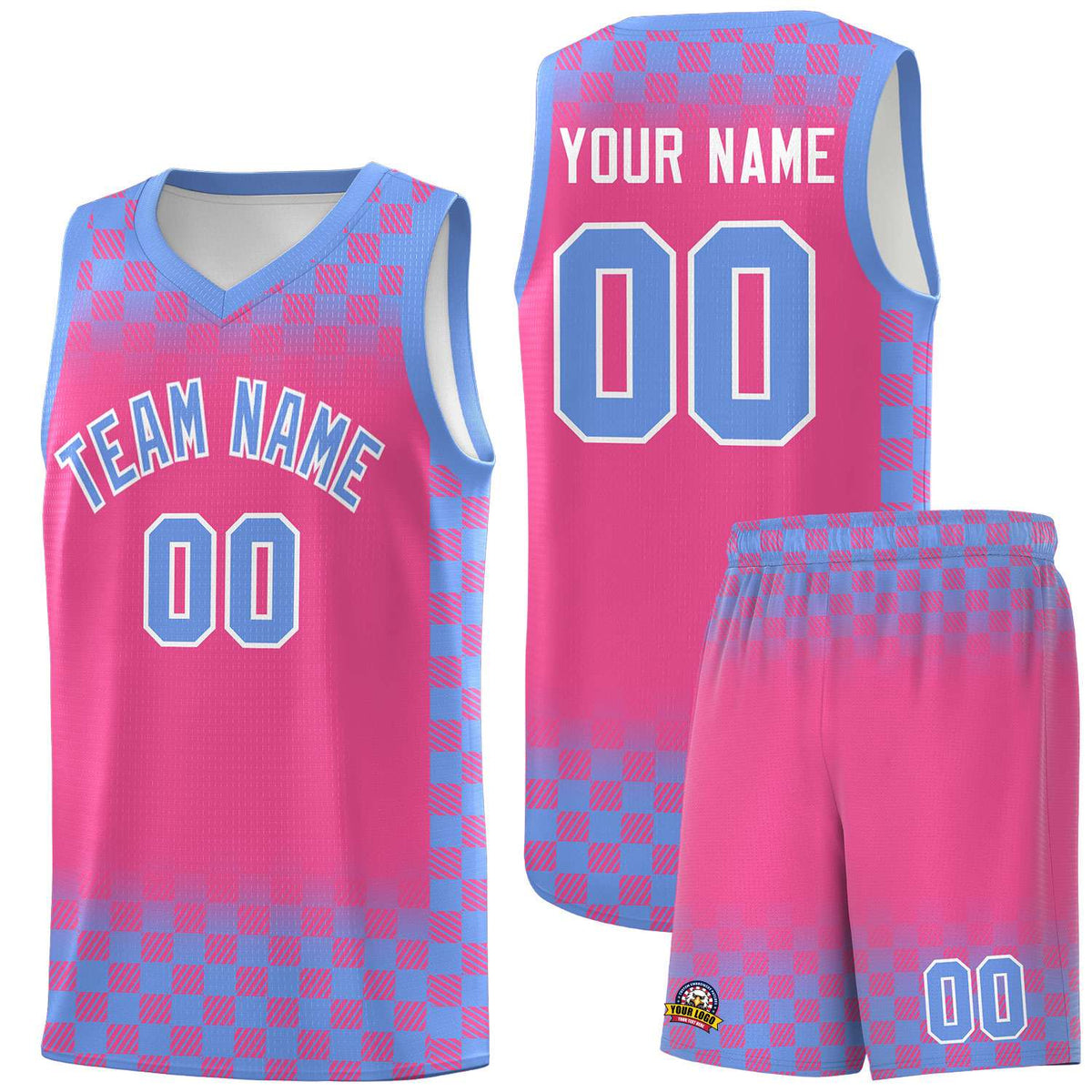 Custom Pink Light Blue Classic Plaid Pattern Sports Uniform Basketball Jersey