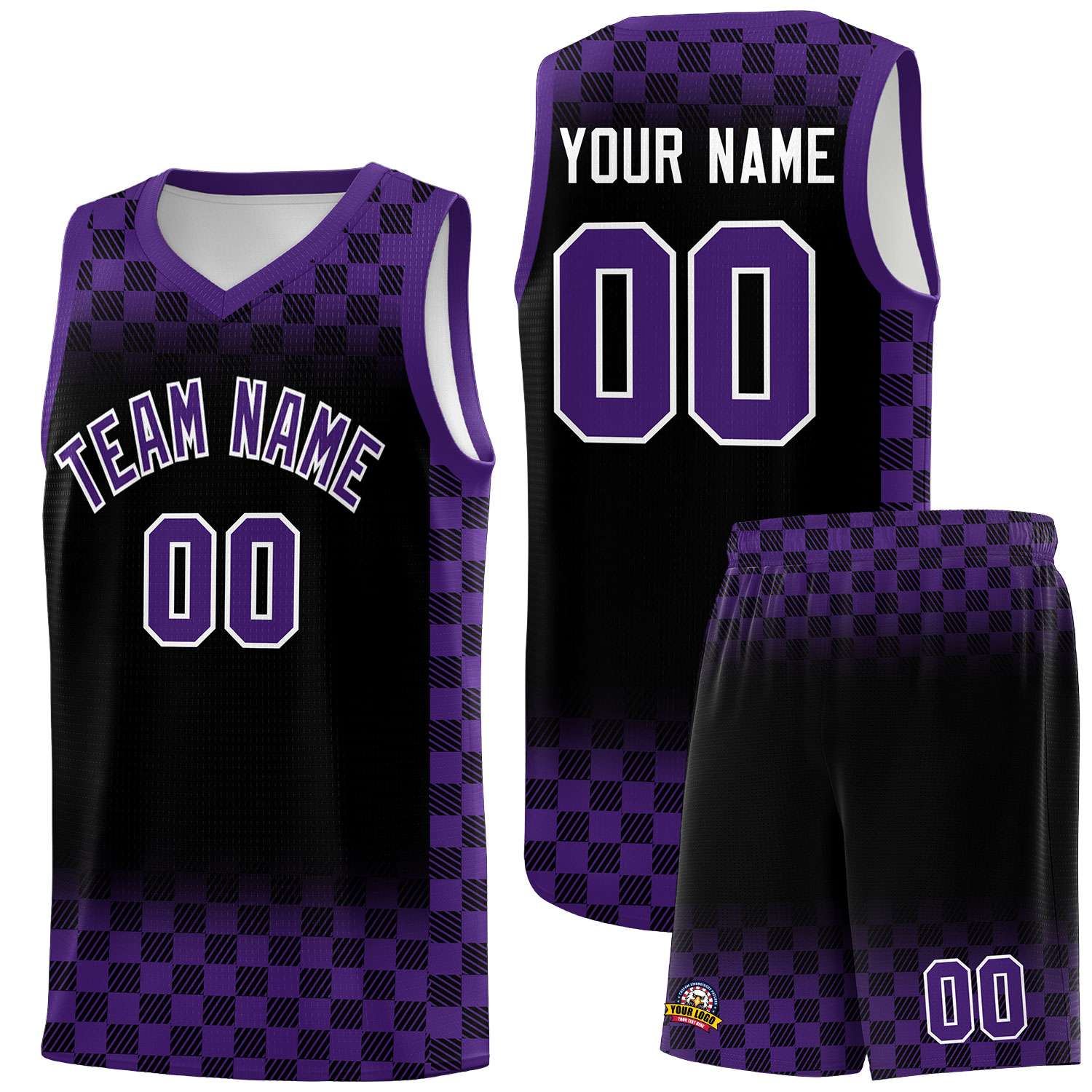 Custom Black Purple Classic Plaid Pattern Sports Uniform Basketball Jersey