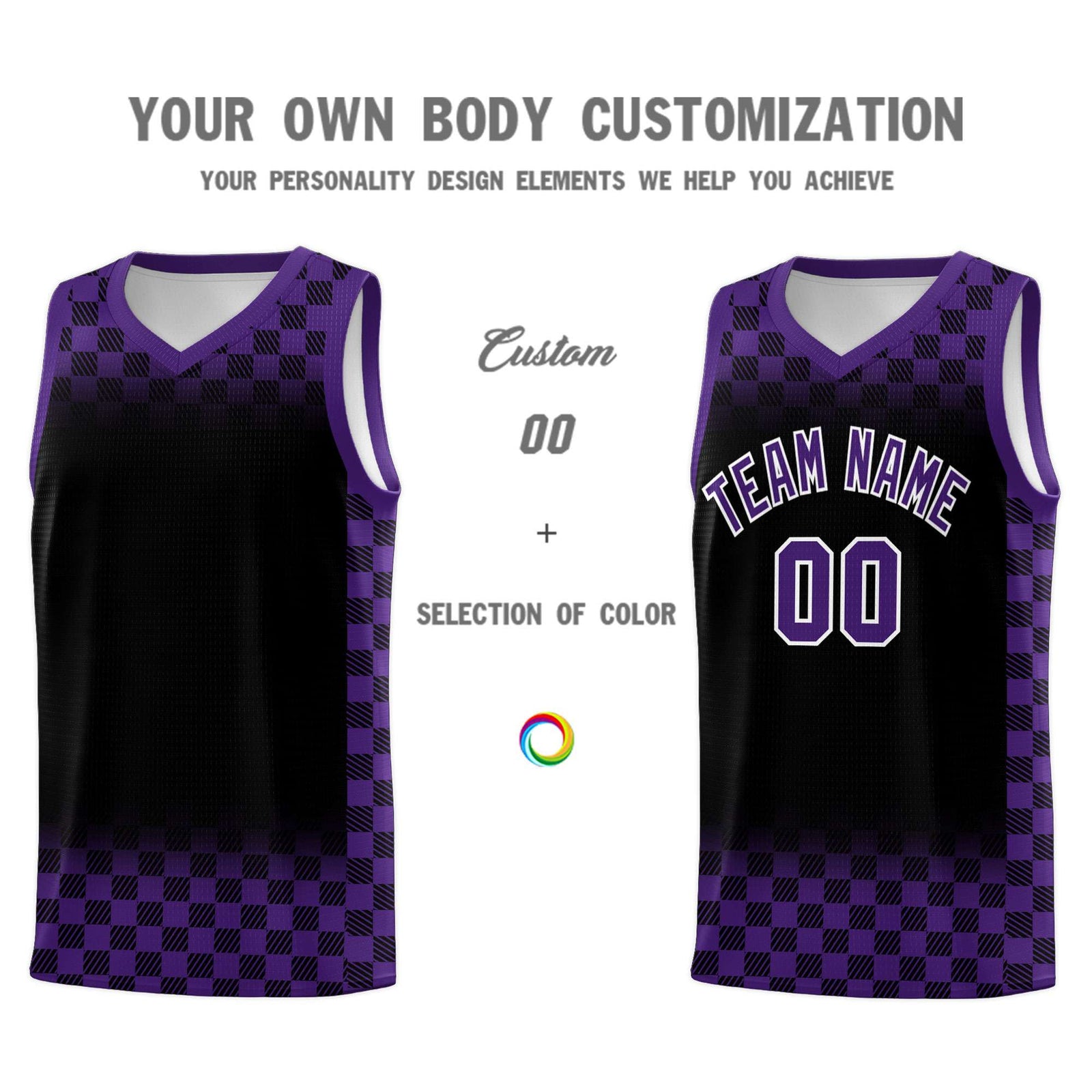 Custom Black Purple Classic Plaid Pattern Sports Uniform Basketball Jersey