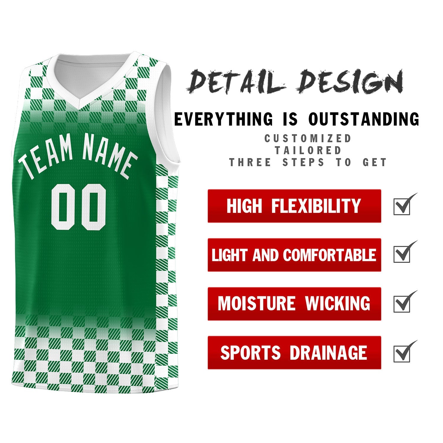 Custom Kelly Green White Classic Plaid Pattern Sports Uniform Basketball Jersey