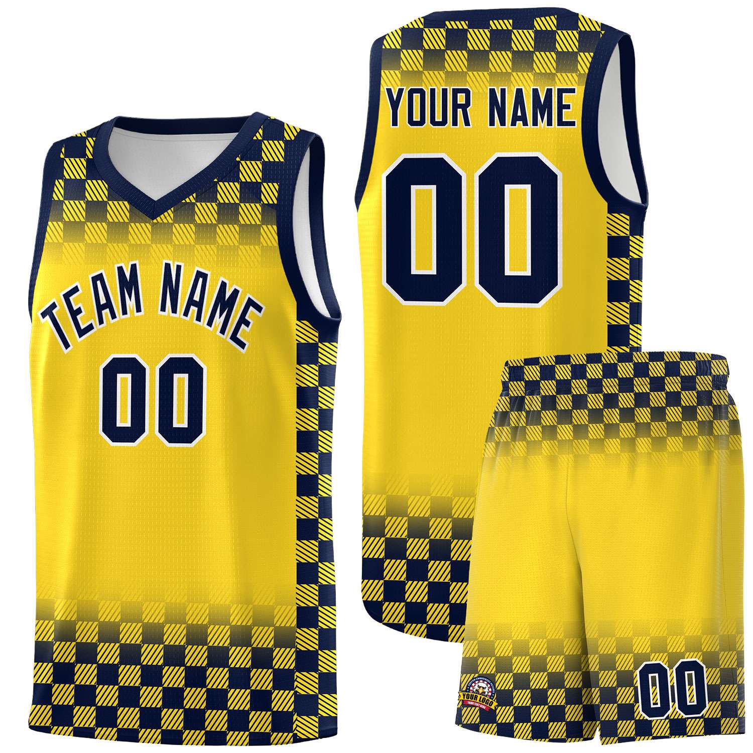Custom Gold Navy Classic Plaid Pattern Sports Uniform Basketball Jersey