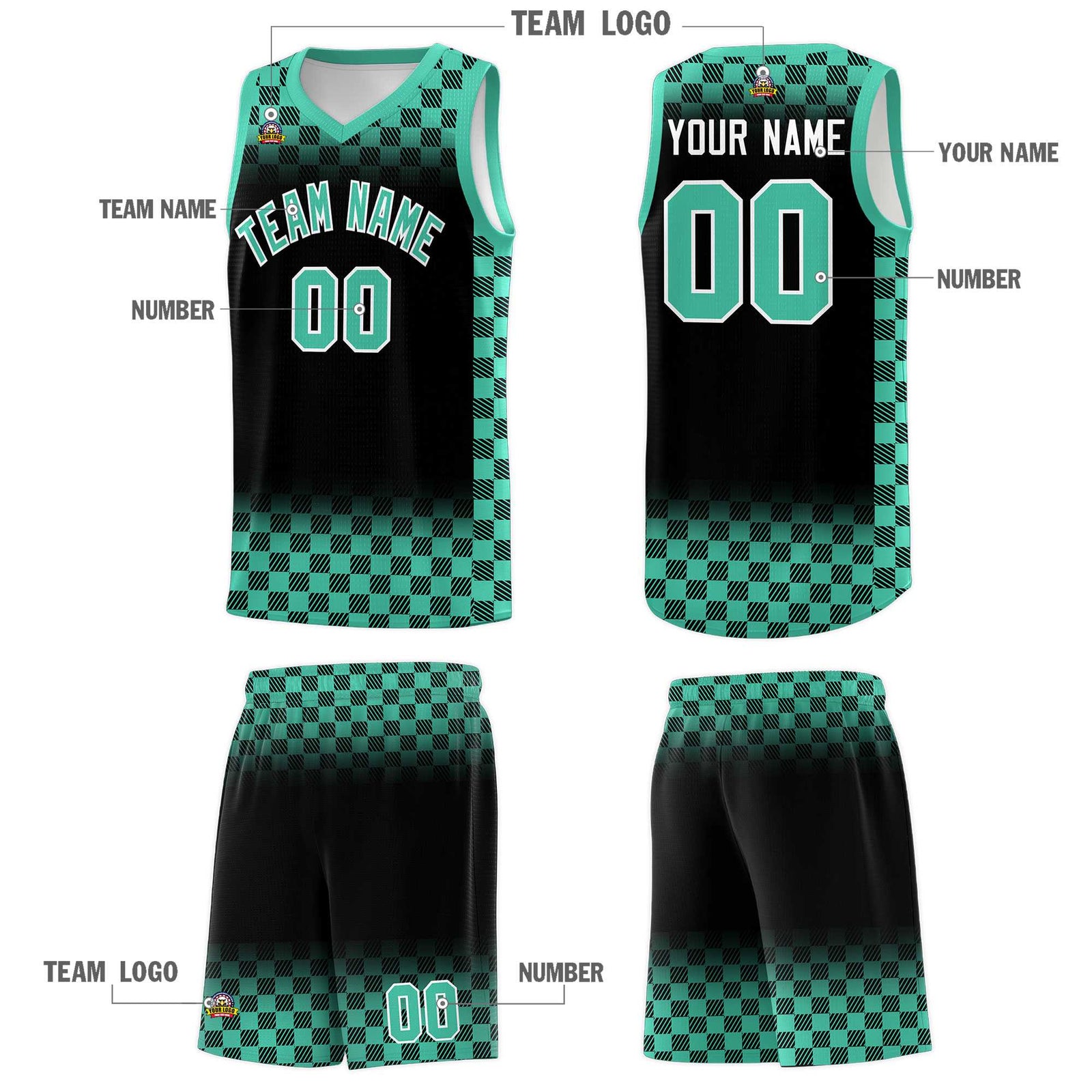 Custom Black Bright Green Classic Plaid Pattern Sports Uniform Basketball Jersey