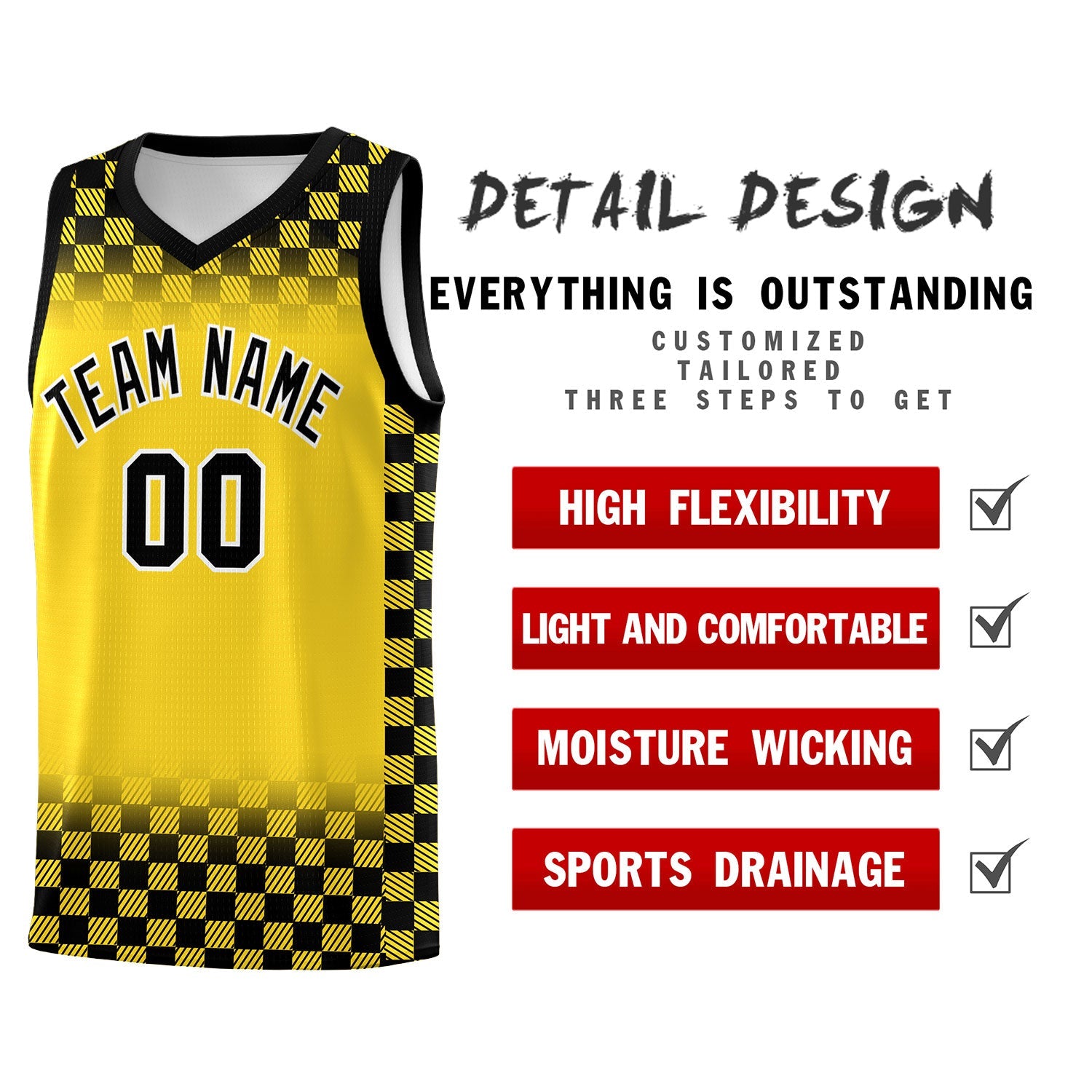 Custom Gold Black Classic Plaid Pattern Sports Uniform Basketball Jersey