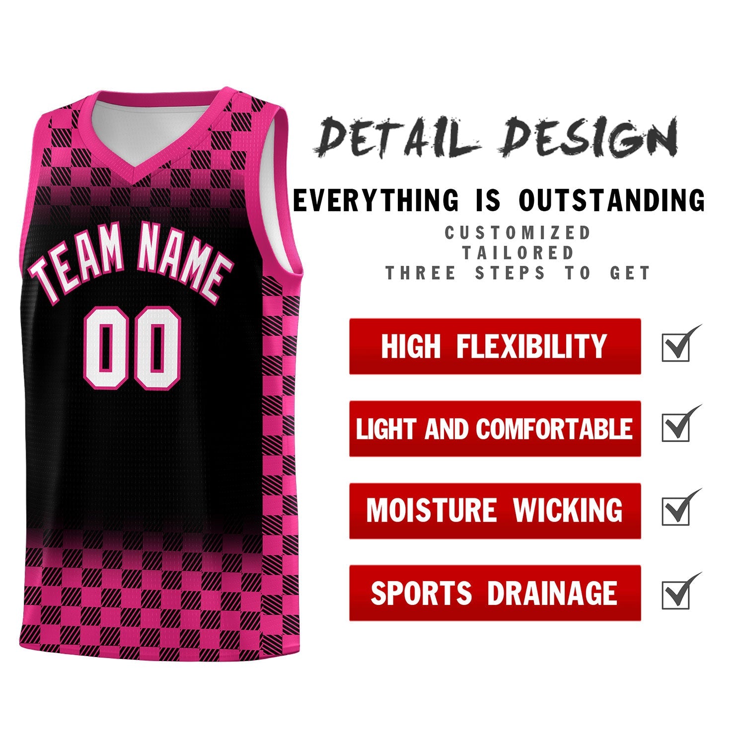 Custom Black Pink Classic Plaid Pattern Sports Uniform Basketball Jersey
