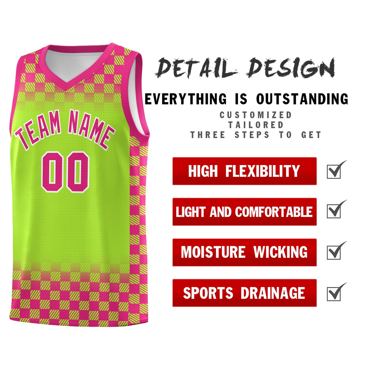 Custom Neon Green Pink Classic Plaid Pattern Sports Uniform Basketball Jersey