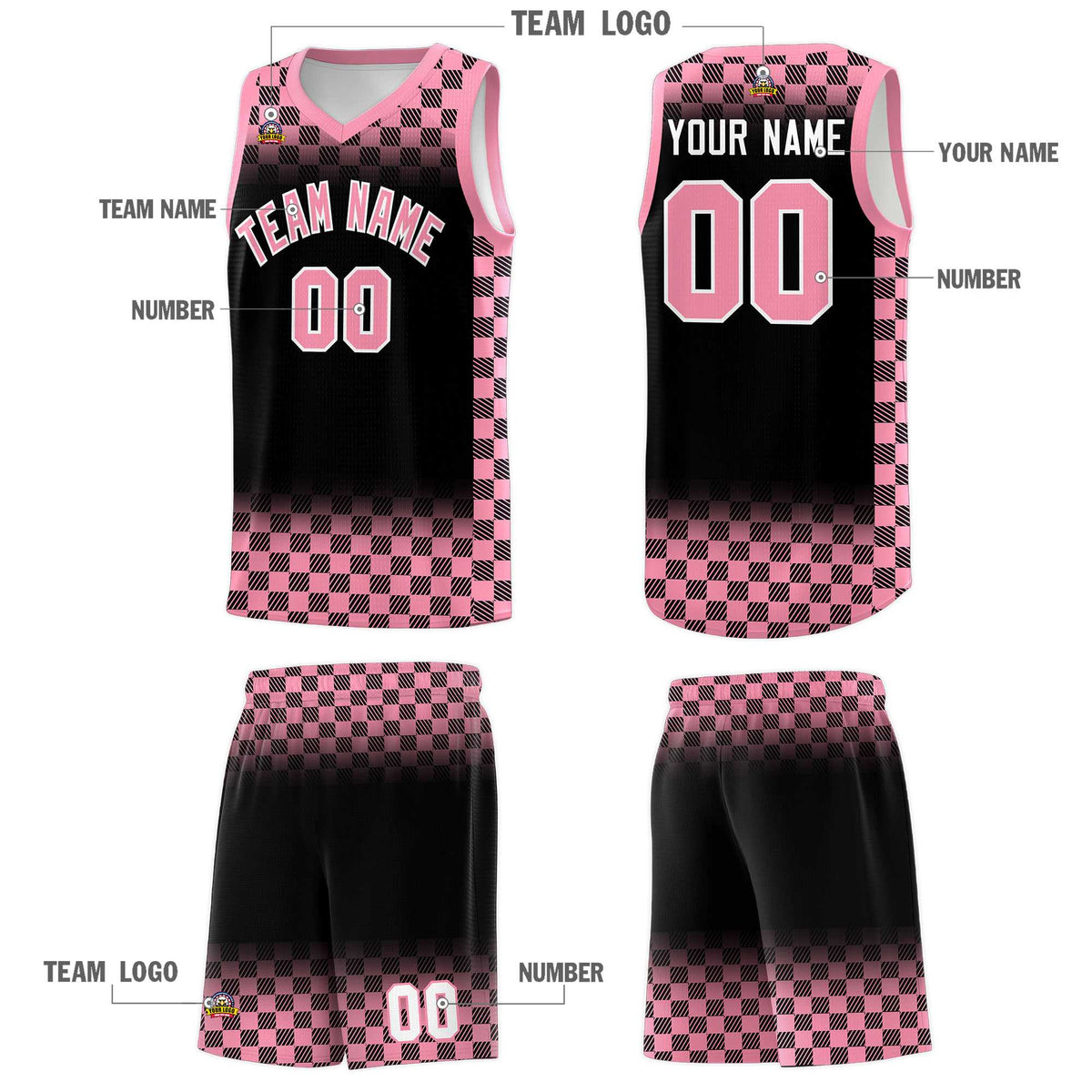Custom Black Light Pink Classic Plaid Pattern Sports Uniform Basketball Jersey