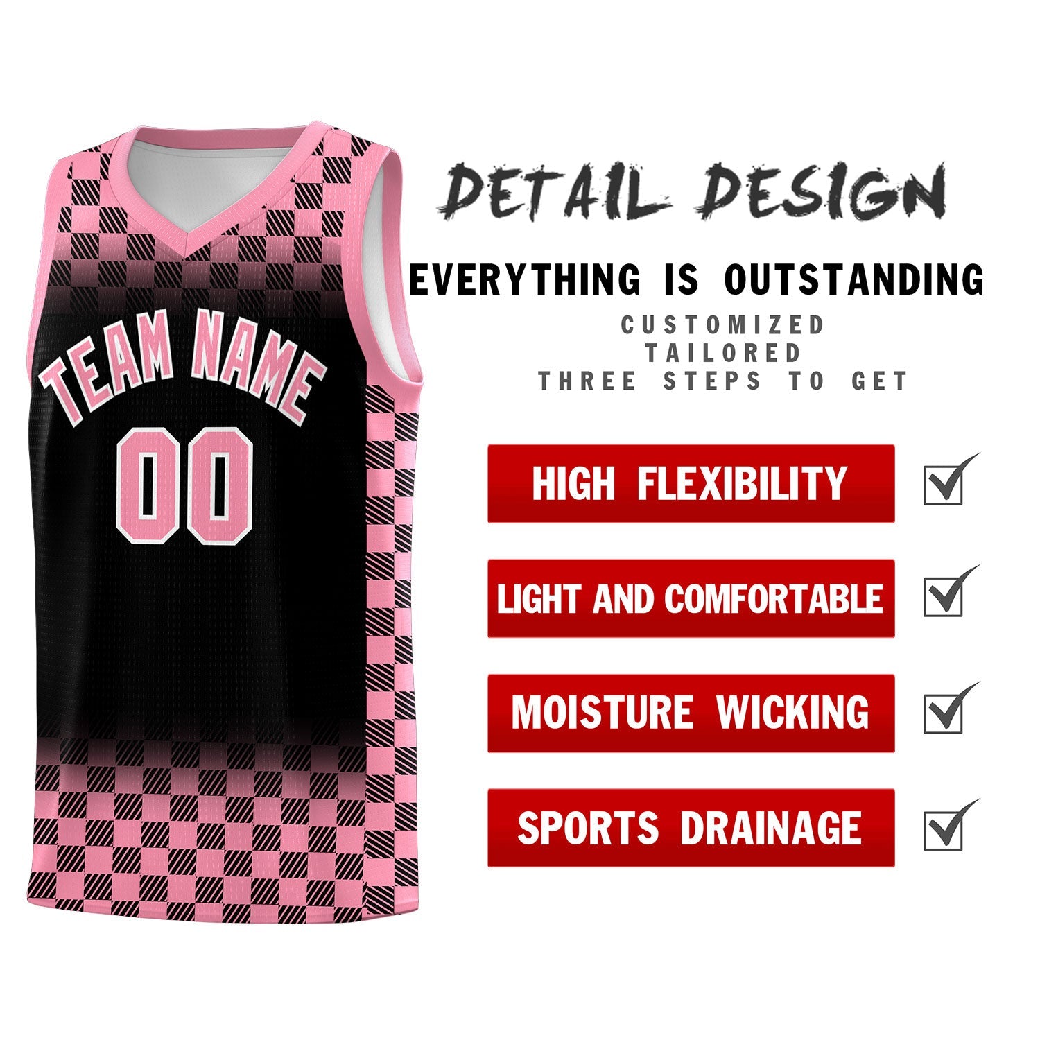 Custom Black Light Pink Classic Plaid Pattern Sports Uniform Basketball Jersey